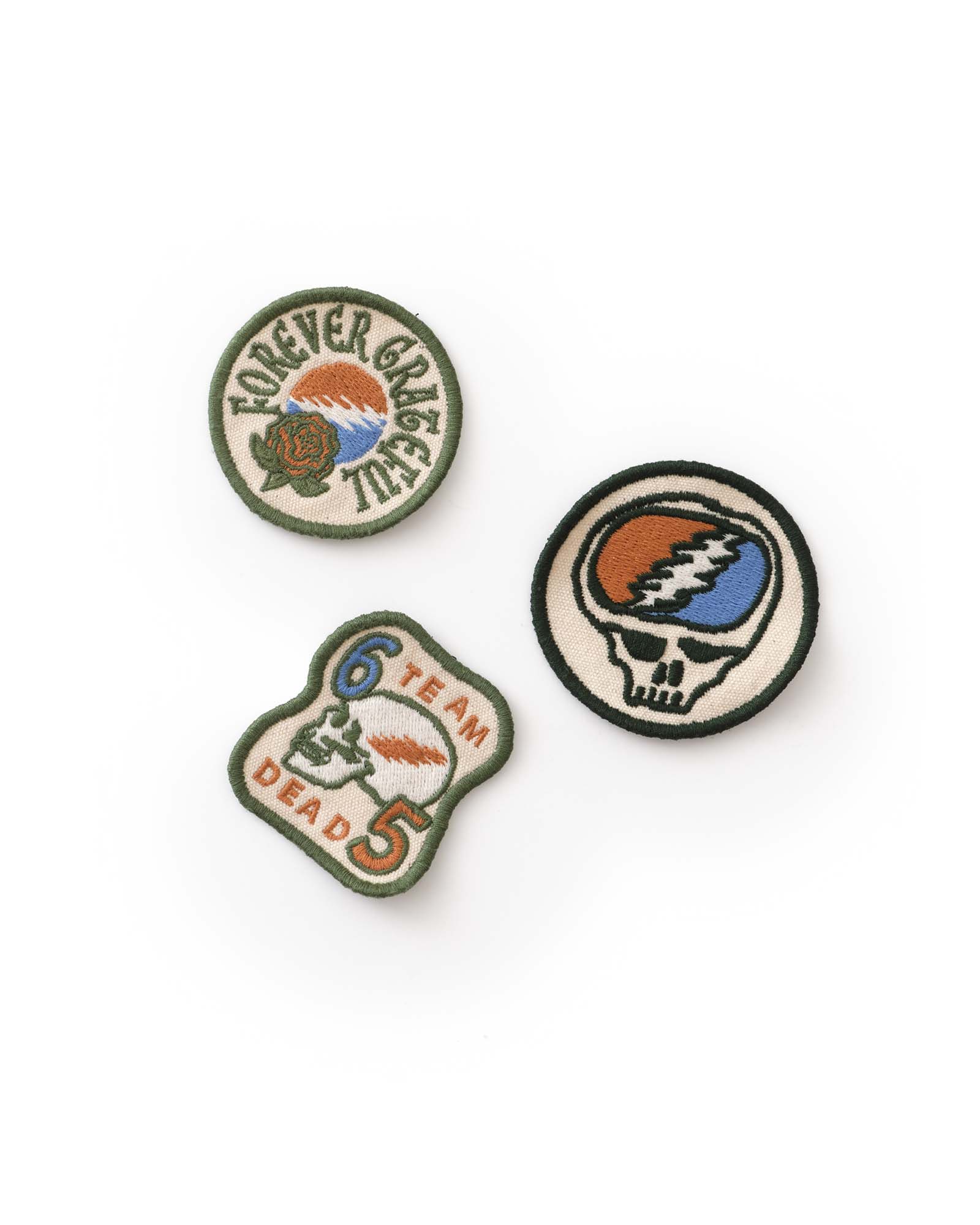Three embroidered patches with Grateful Dead logos on a white background, Accessories by Taylor Stitch