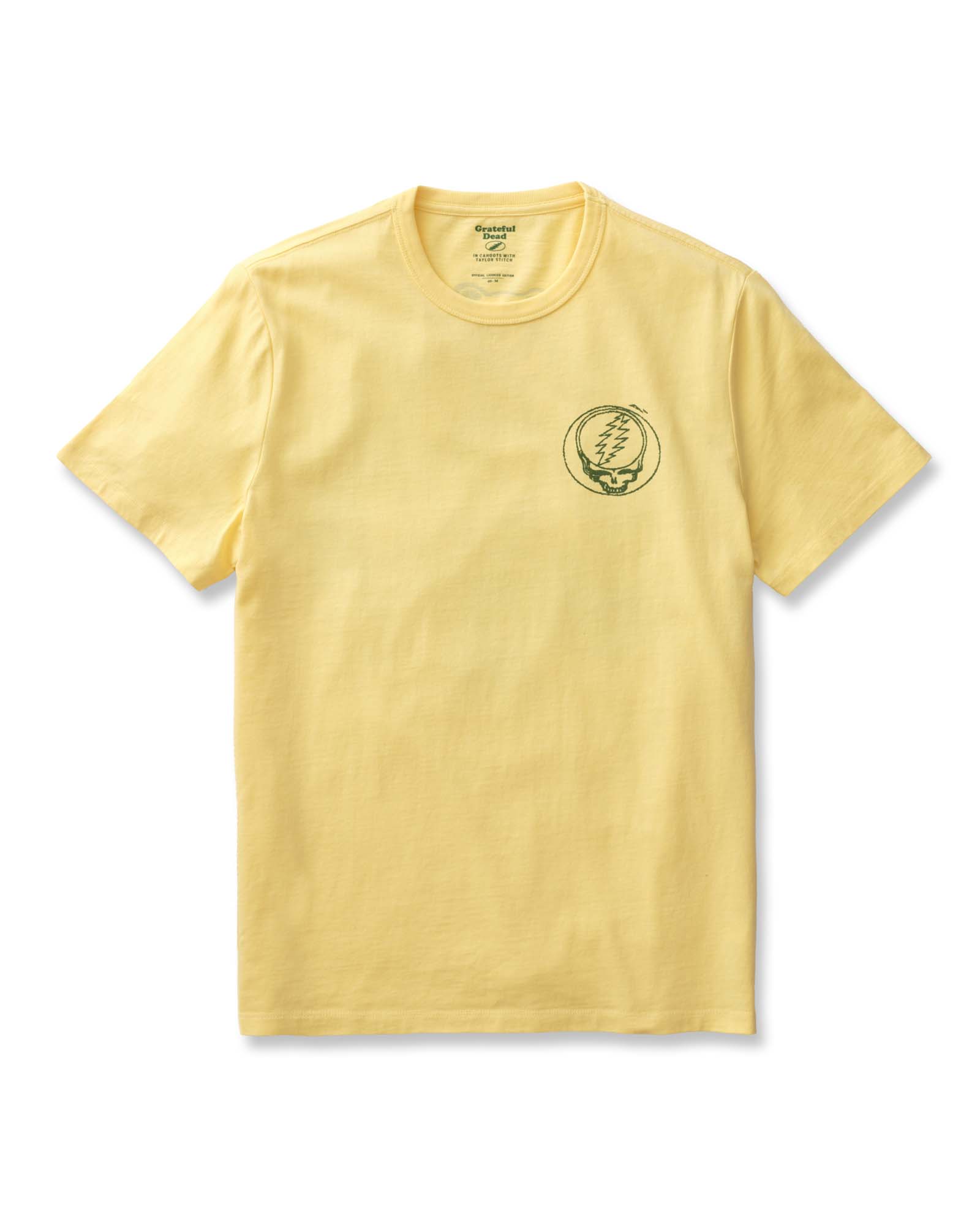 flatlay of The Organic Cotton Tee in Lemon Stamp, Knits by Taylor Stitch