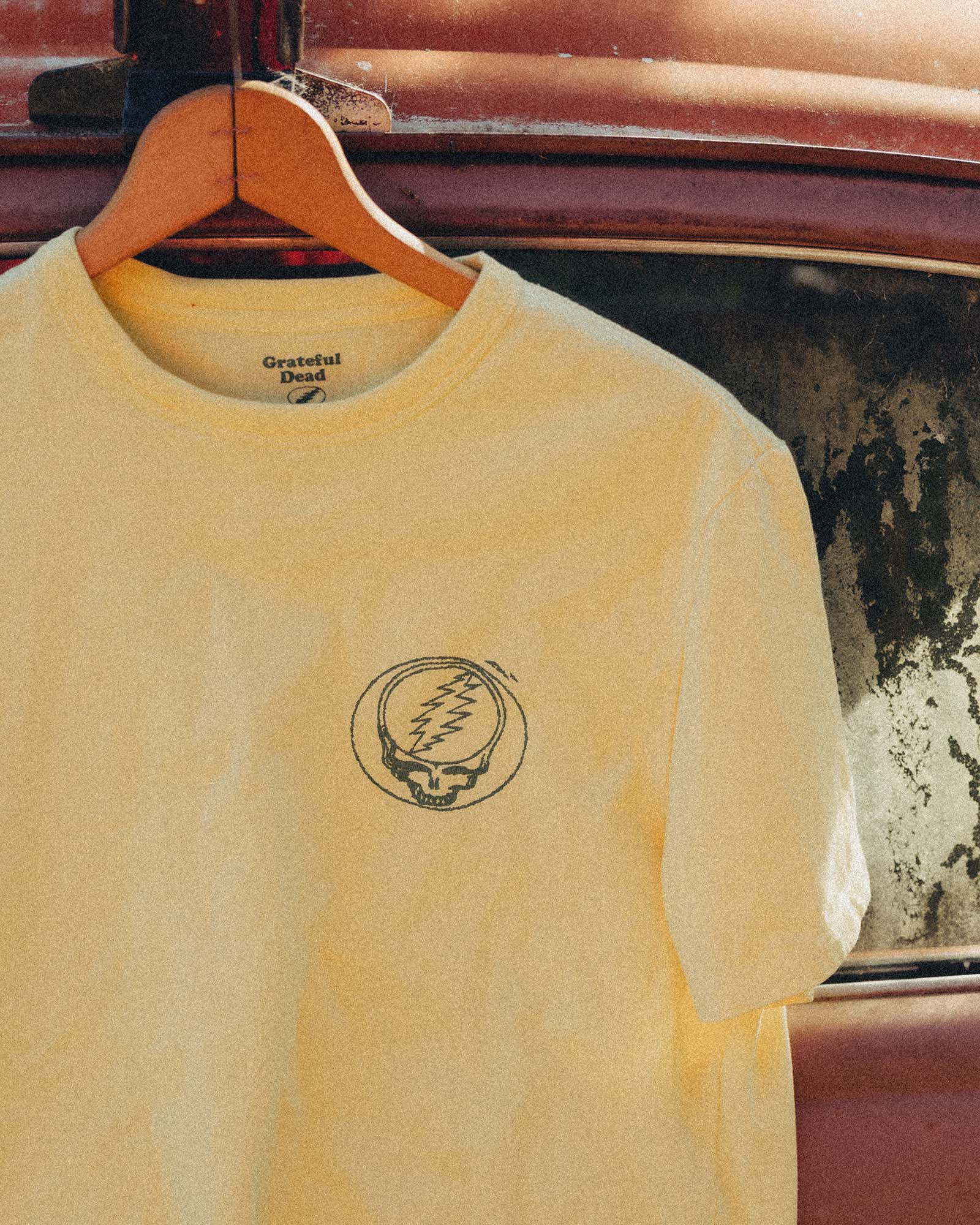 editorial image of The Organic Cotton Tee in Lemon Stamp hanging, Knits by Taylor Stitch