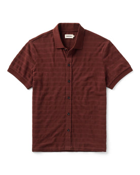 flatlay of The Bywater Polo in Burgundy Knit Stripe, Knits by Taylor Stitch