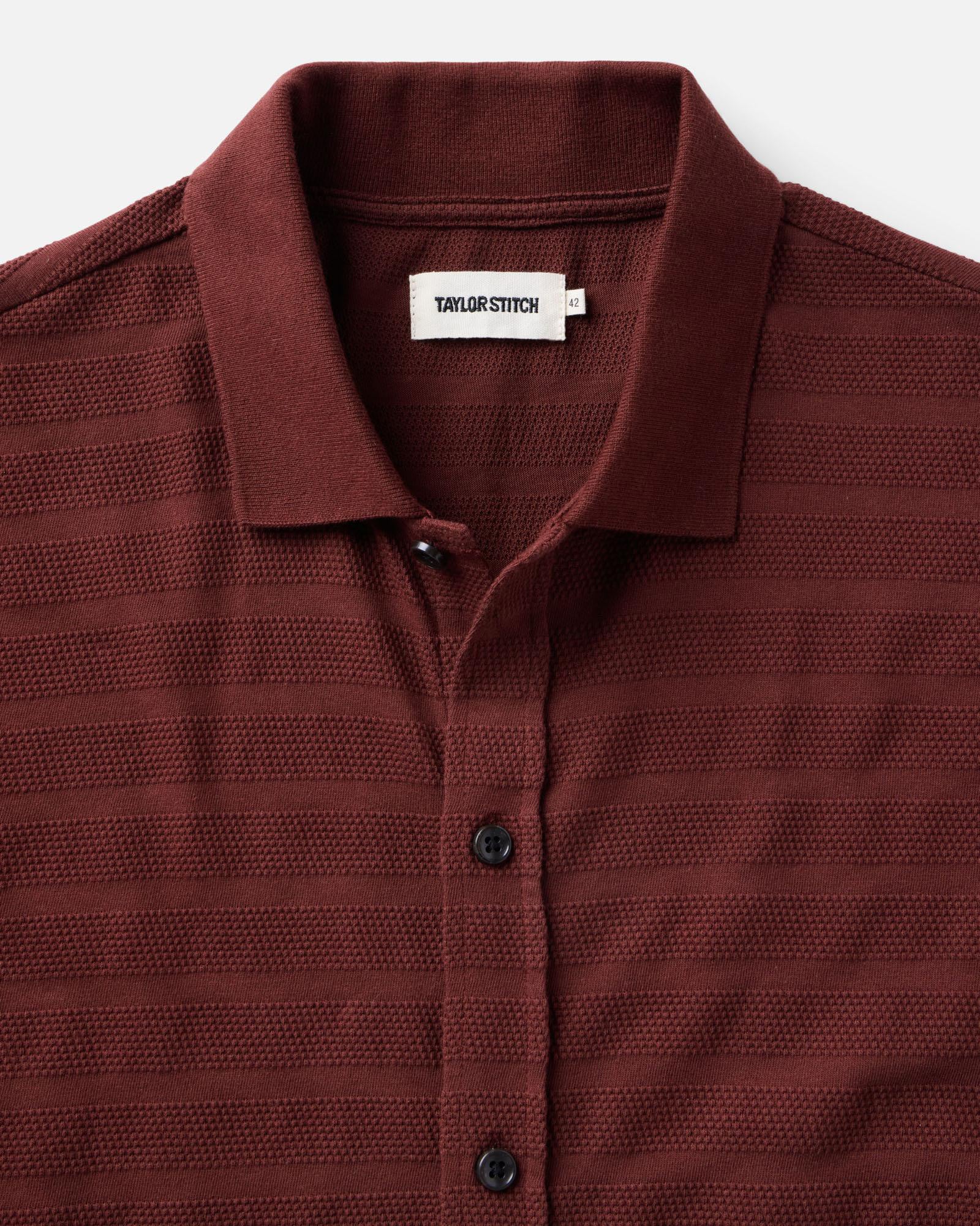 material shot of the collar on The Bywater Polo in Burgundy Knit Stripe, Knits by Taylor Stitch