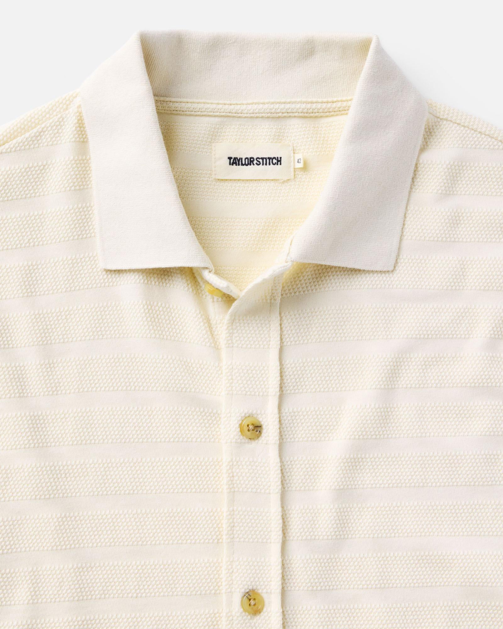 material shot of the collar on The Bywater Polo in Natural Knit Stripe, Knits by Taylor Stitch