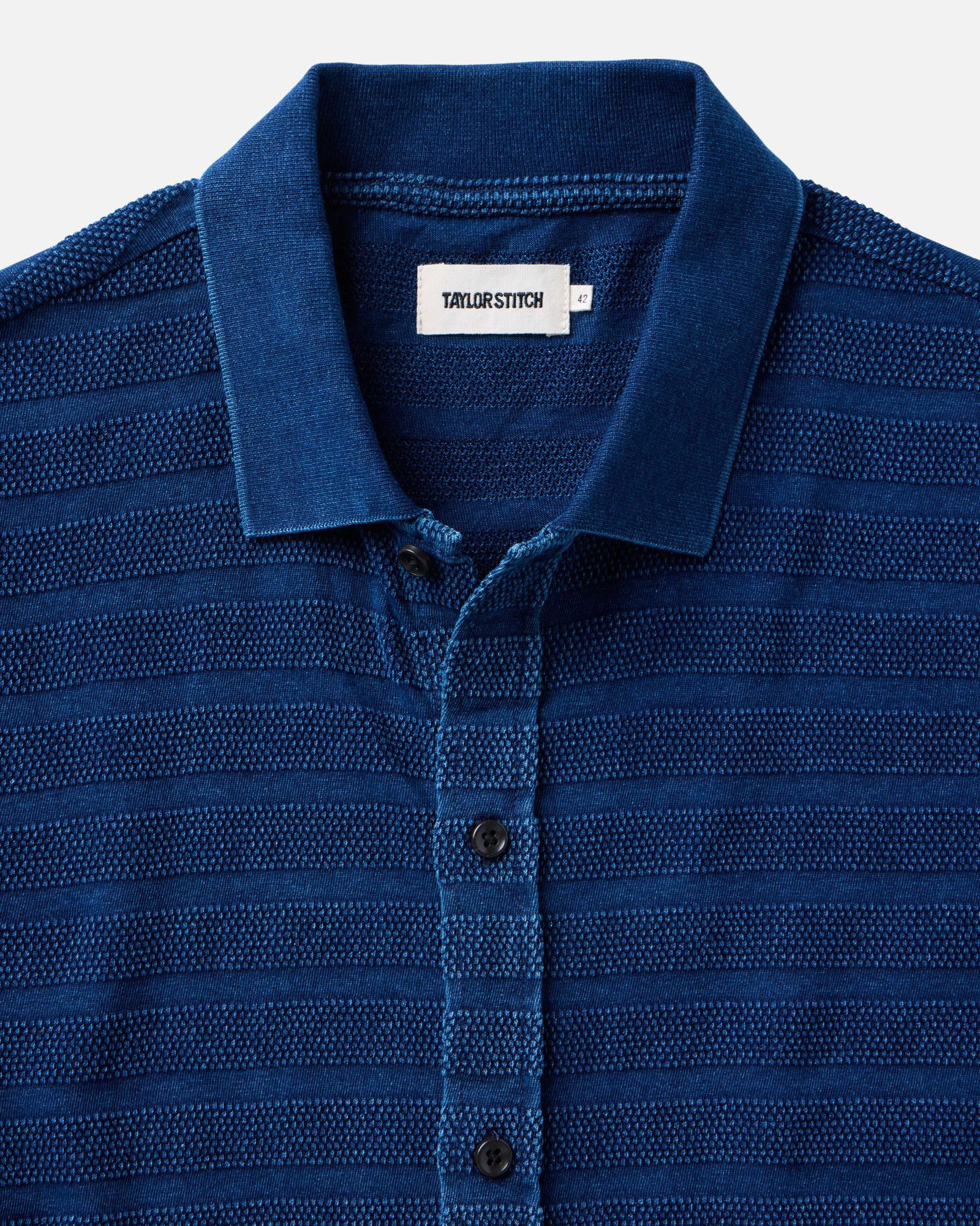 material shot of the collar on The Bywater Polo in Rinsed Indigo Knit Stripe, Knits by Taylor Stitch