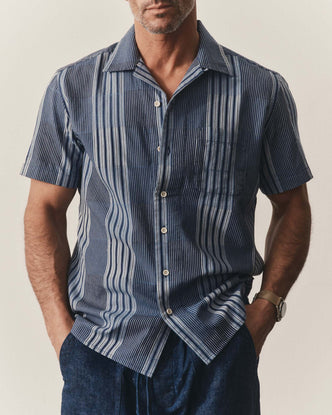 fit model showing off The Hawthorne Shirt in Indigo Patchwork