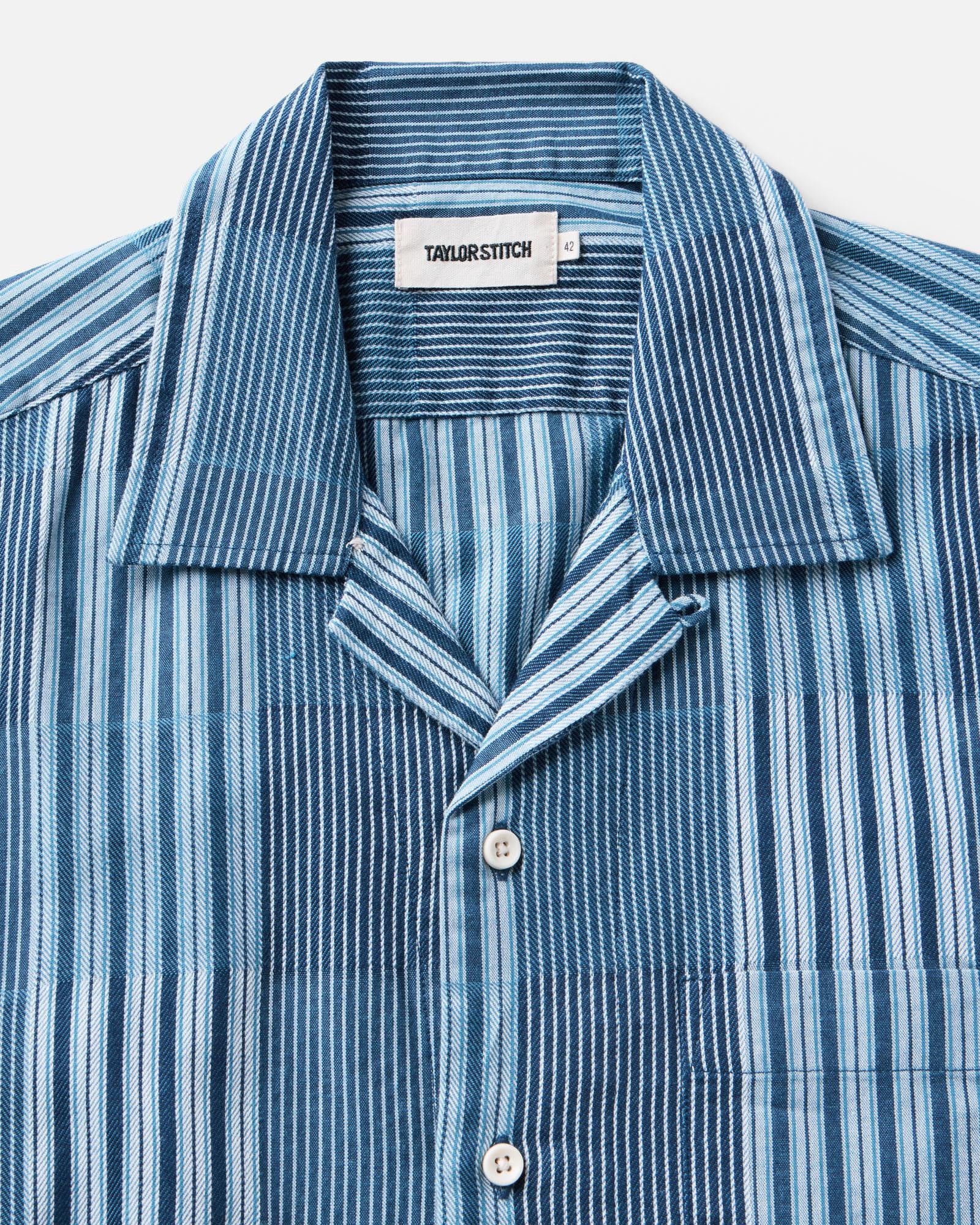 material shot of the collar on The Hawthorne Shirt in Indigo Patchwork, Wovens by Taylor Stitch