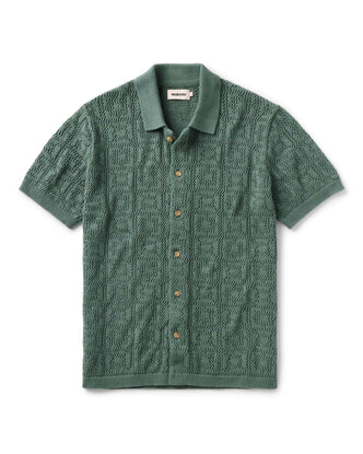 flatlay of The Monterey Sweater Polo in Deep Sea Geo Crochet