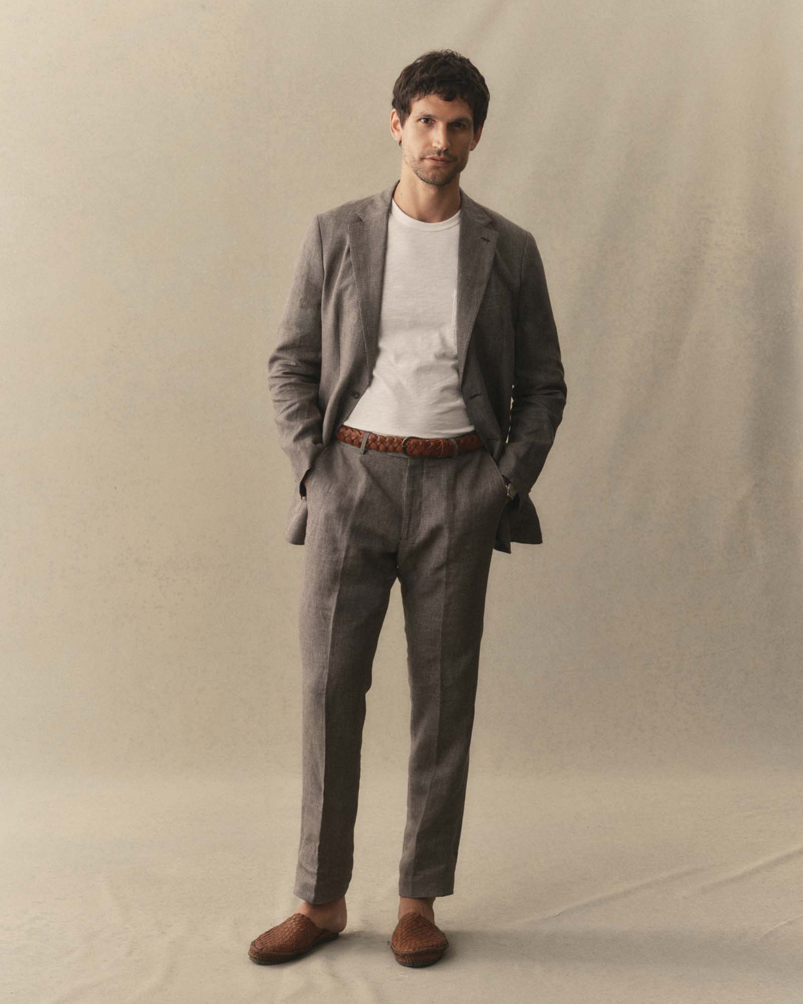 fit model showing off The Stevens Trouser in Morel Micro Check, Bottoms by Taylor Stitch