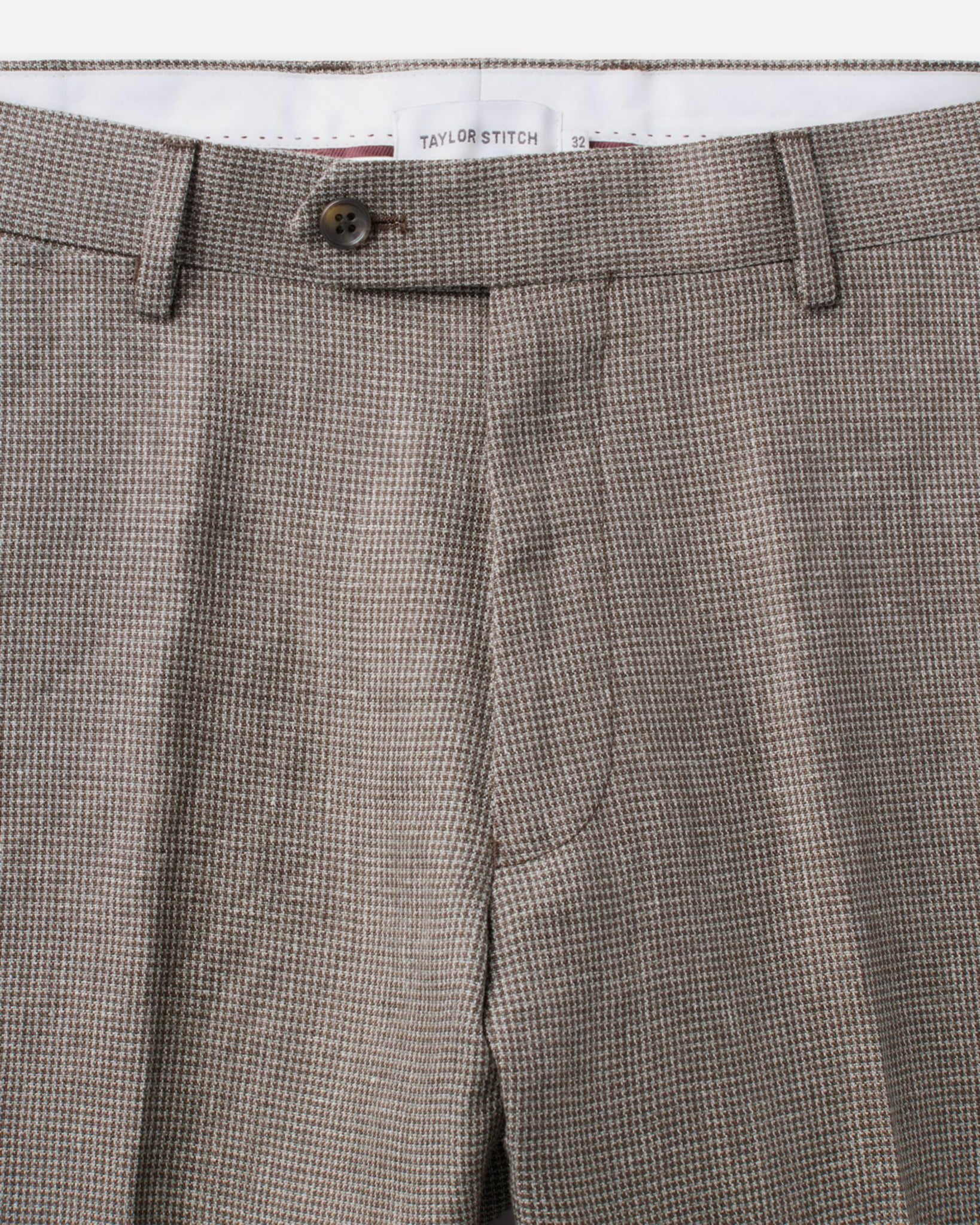 material shot of the waistband on The Stevens Trouser in Morel Micro Check, Bottoms by Taylor Stitch