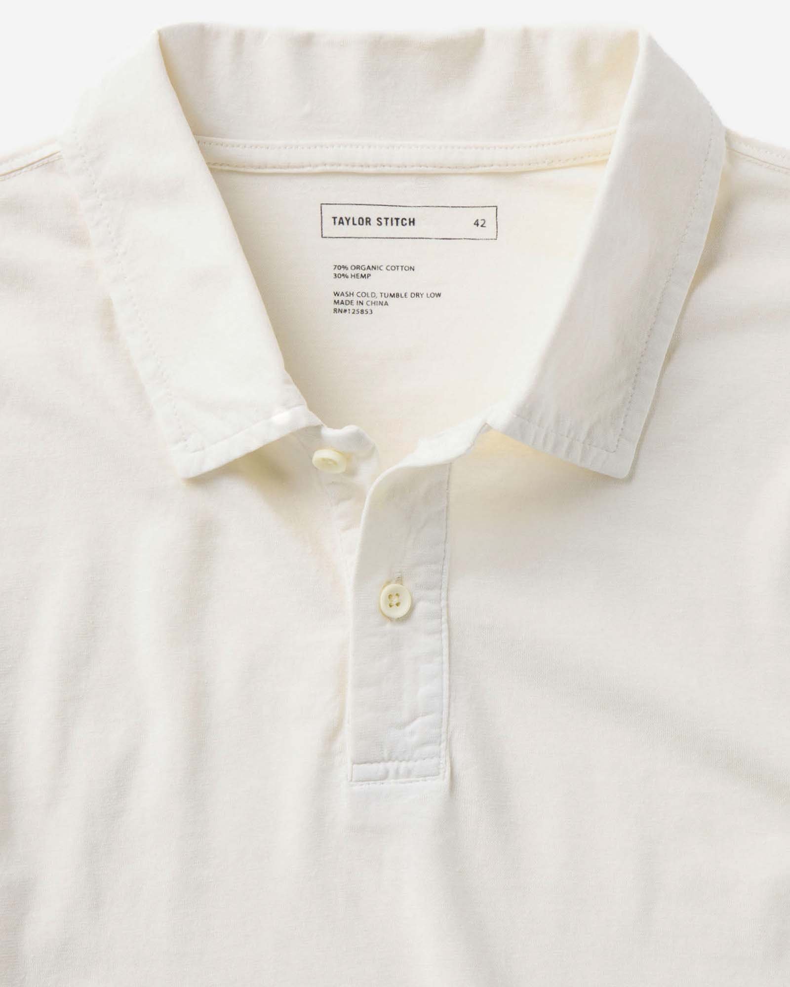 material shot of the collar on The Cotton Hemp Polo in Vintage White, Knits by Taylor Stitch