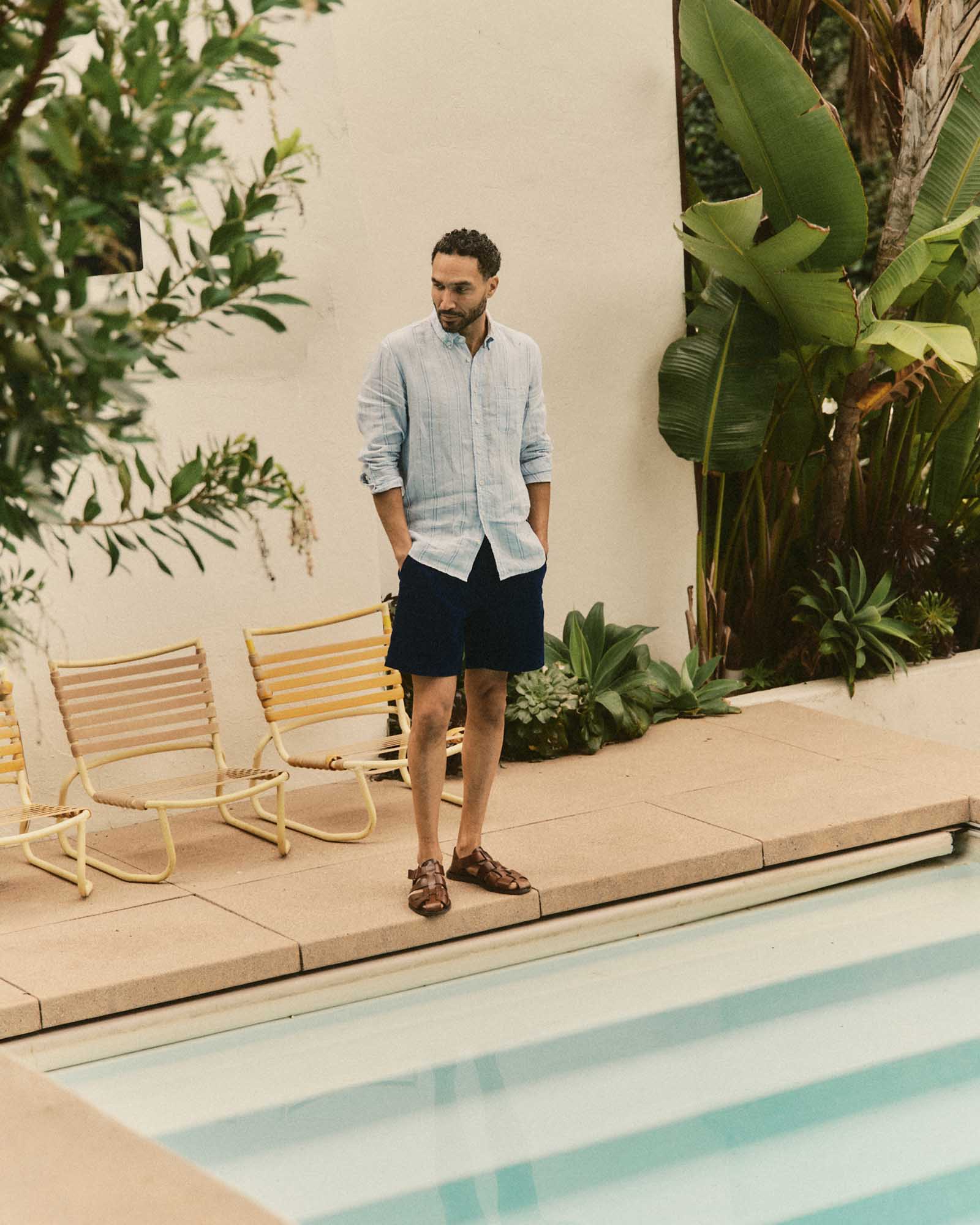 fit model showing off The Jack in Blue Sky Stripe Linen, Wovens by Taylor Stitch