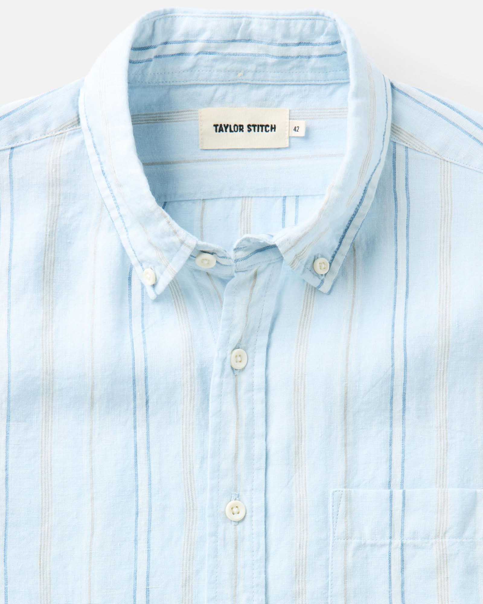 material shot of the collar on The Jack in Blue Sky Stripe Linen, Wovens by Taylor Stitch