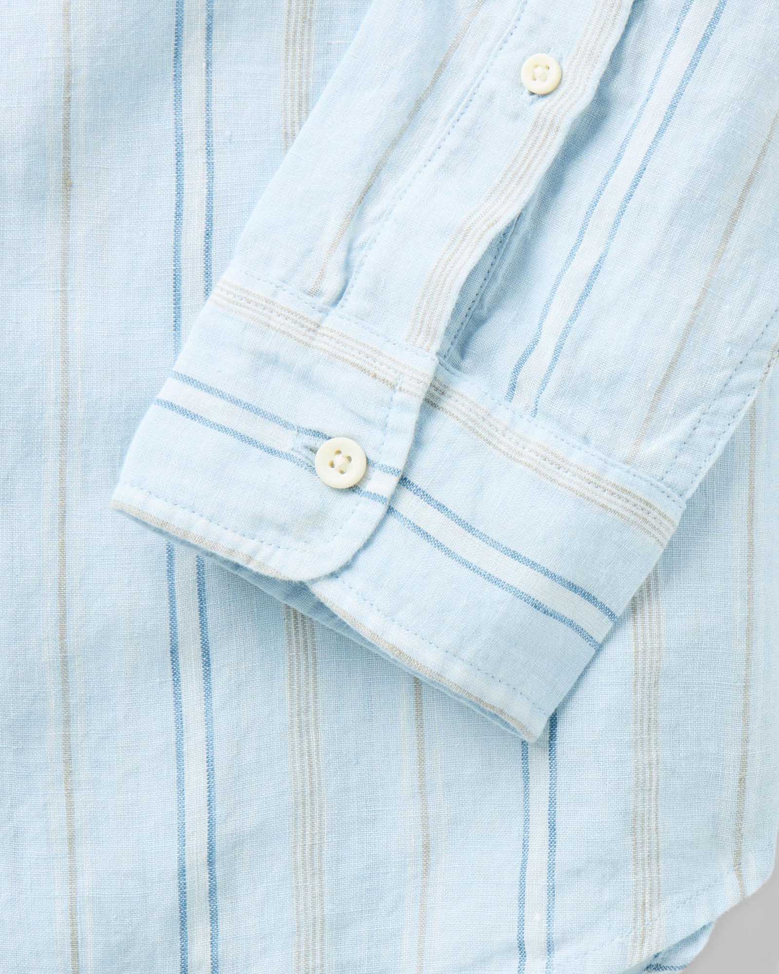 material shot of the sleeve on The Jack in Blue Sky Stripe Linen, Wovens by Taylor Stitch