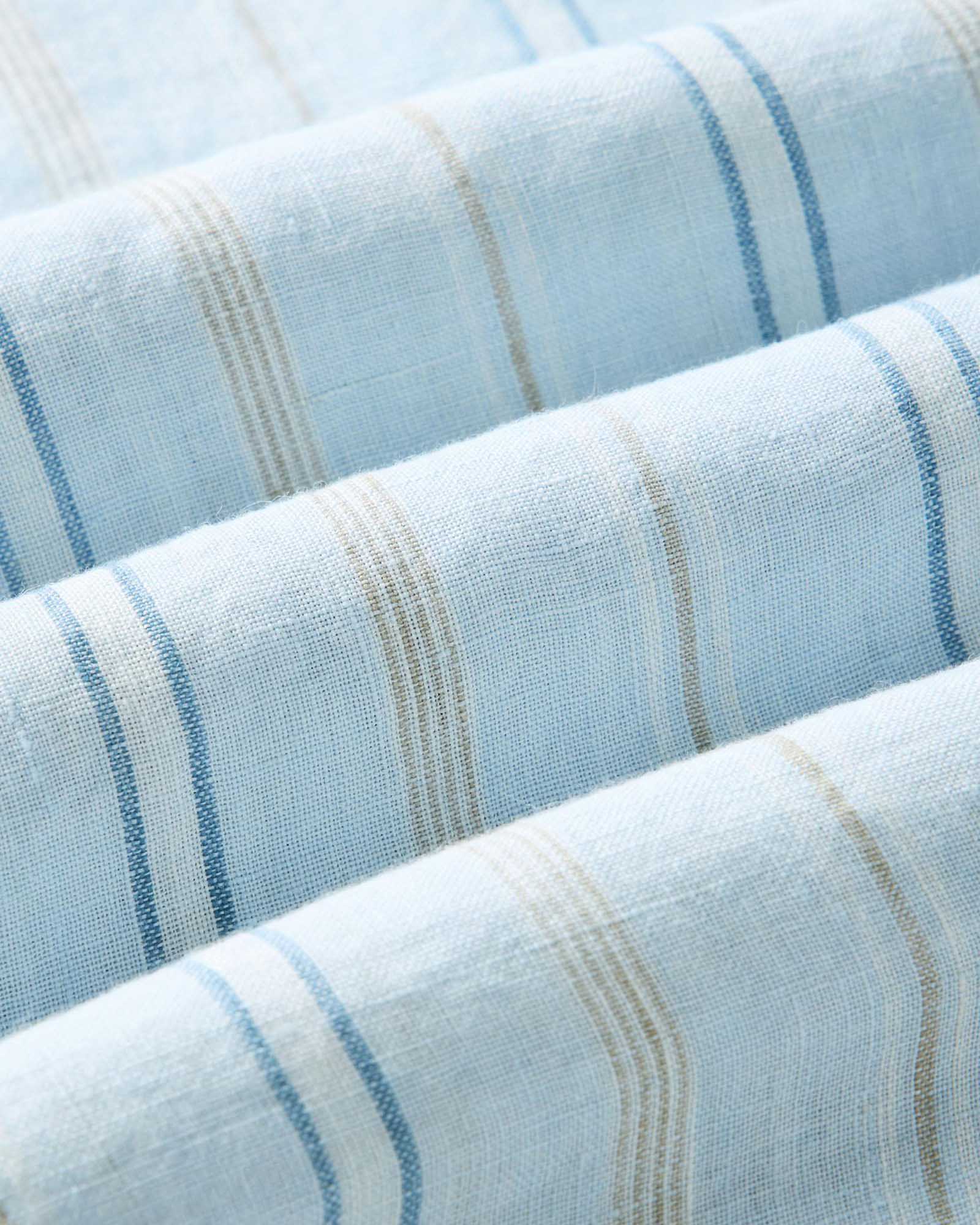 material shot of the fabric of The Jack in Blue Sky Stripe Linen, Wovens by Taylor Stitch