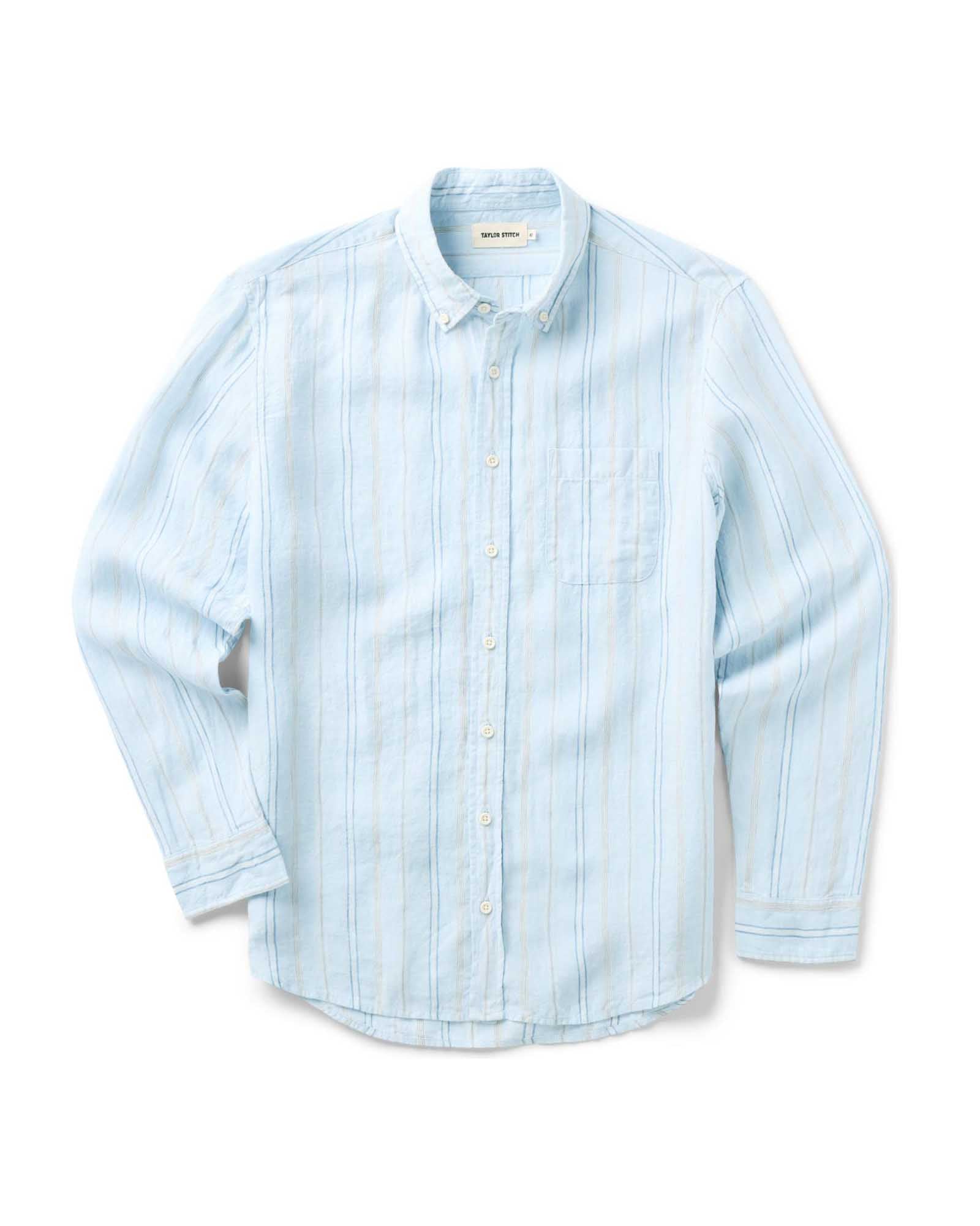 flatlay of The Jack in Blue Sky Stripe Linen, Wovens by Taylor Stitch