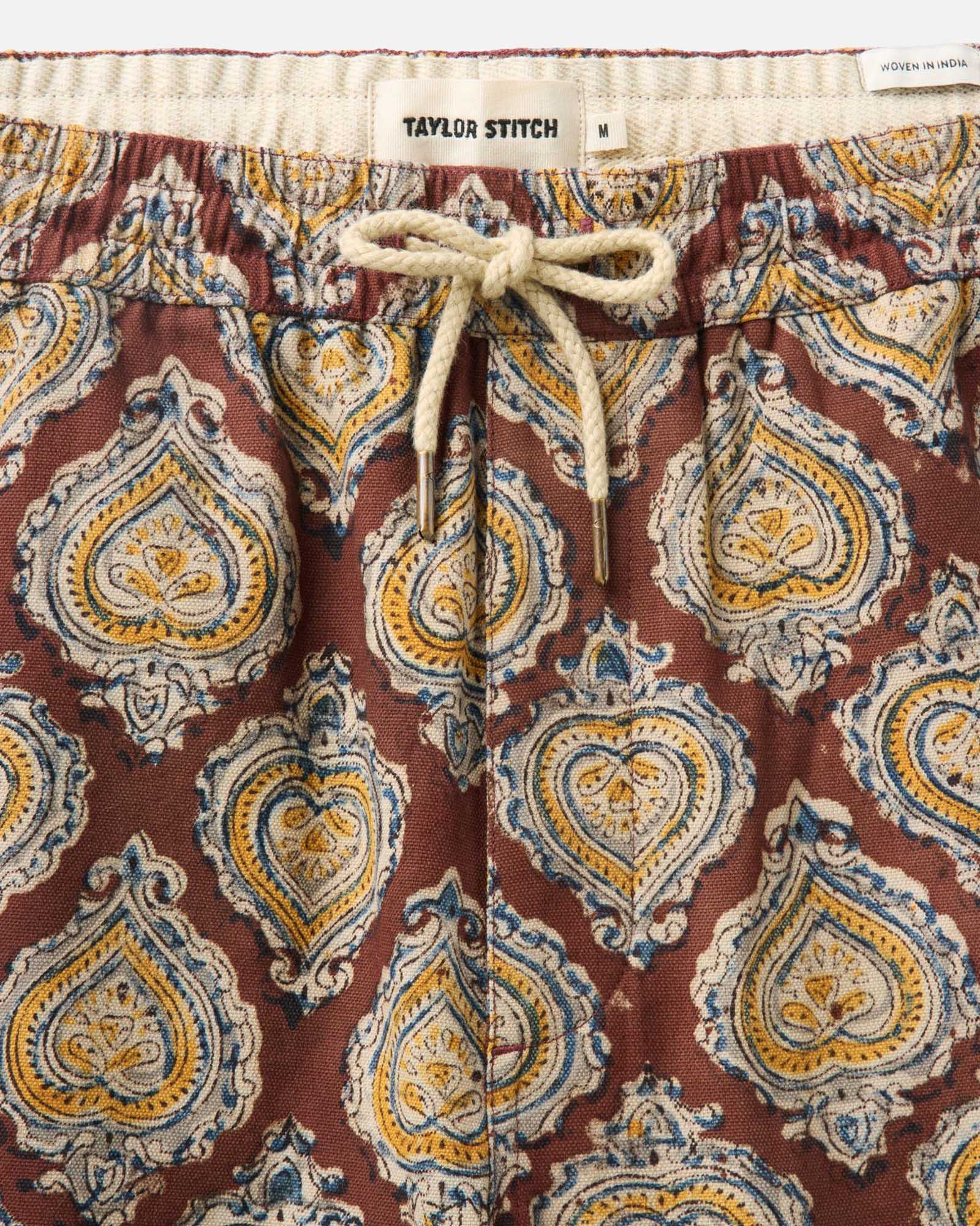 material shot of the waistband on The Apres Short in Sangria Block Print, Bottoms by Taylor Stitch