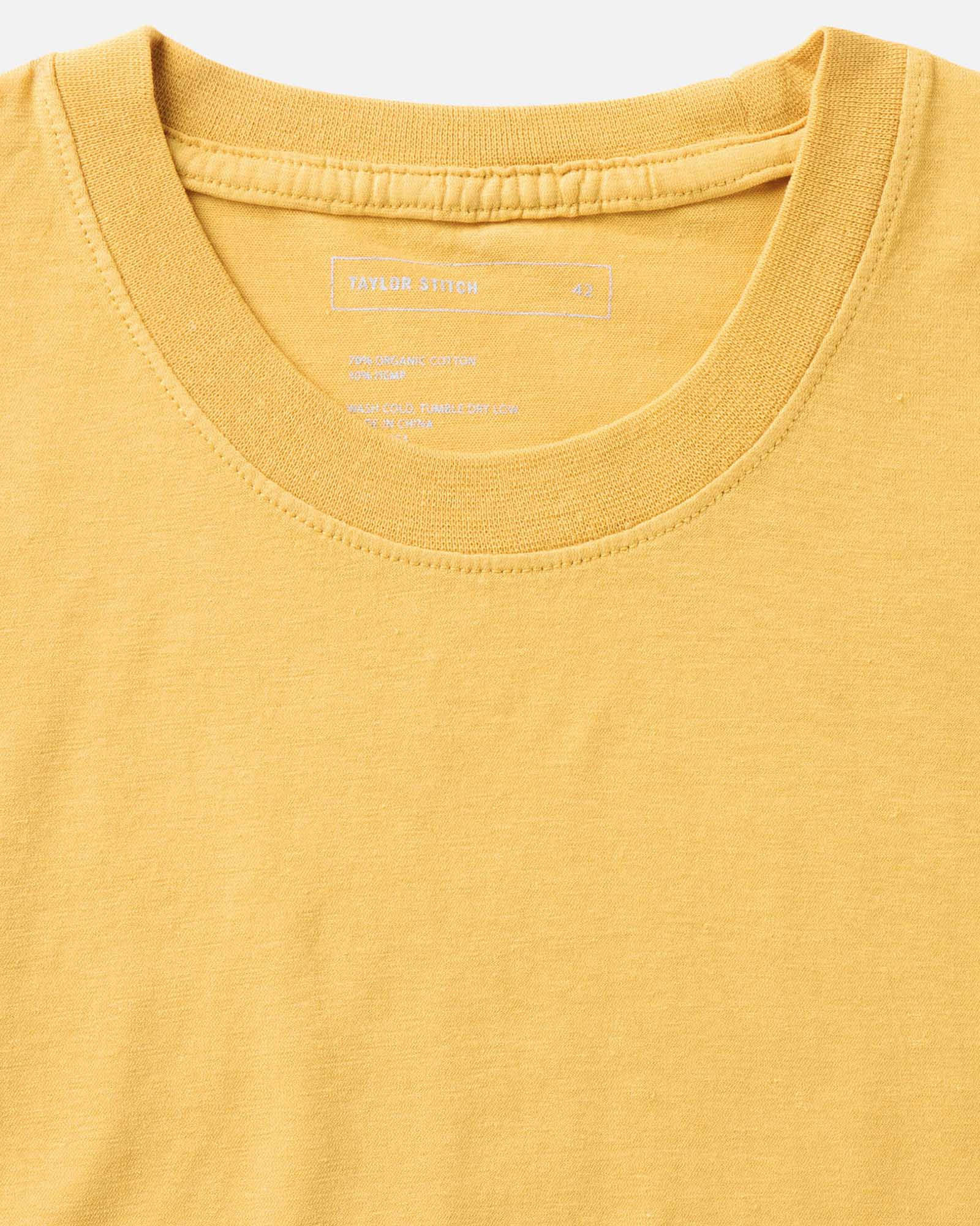 material shot of the collar on The Cotton Hemp Tee in Goldfinch, Knits by Taylor Stitch