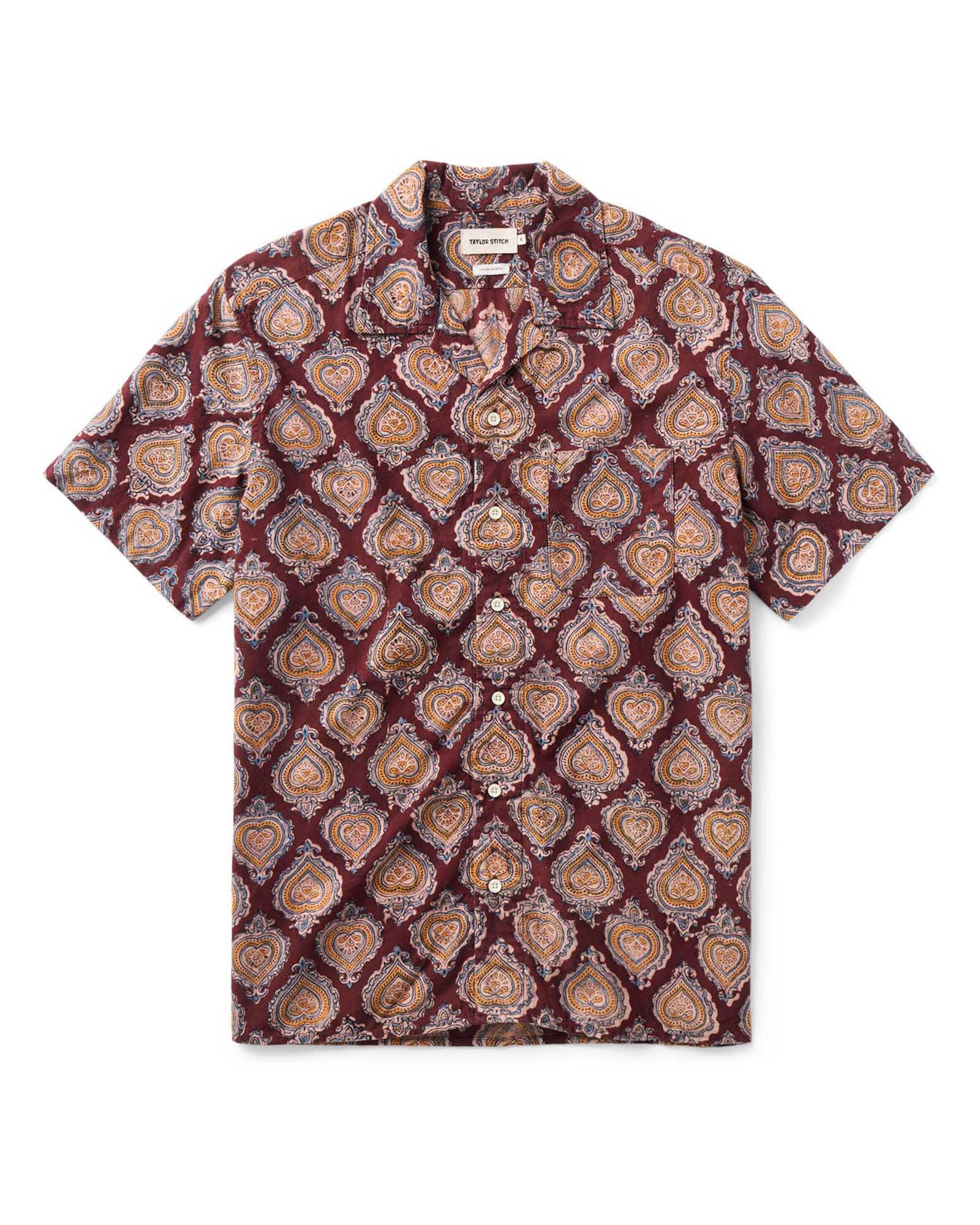 flatlay of The Hawthorne Shirt in Sangria Block Print, Wovens by Taylor Stitch