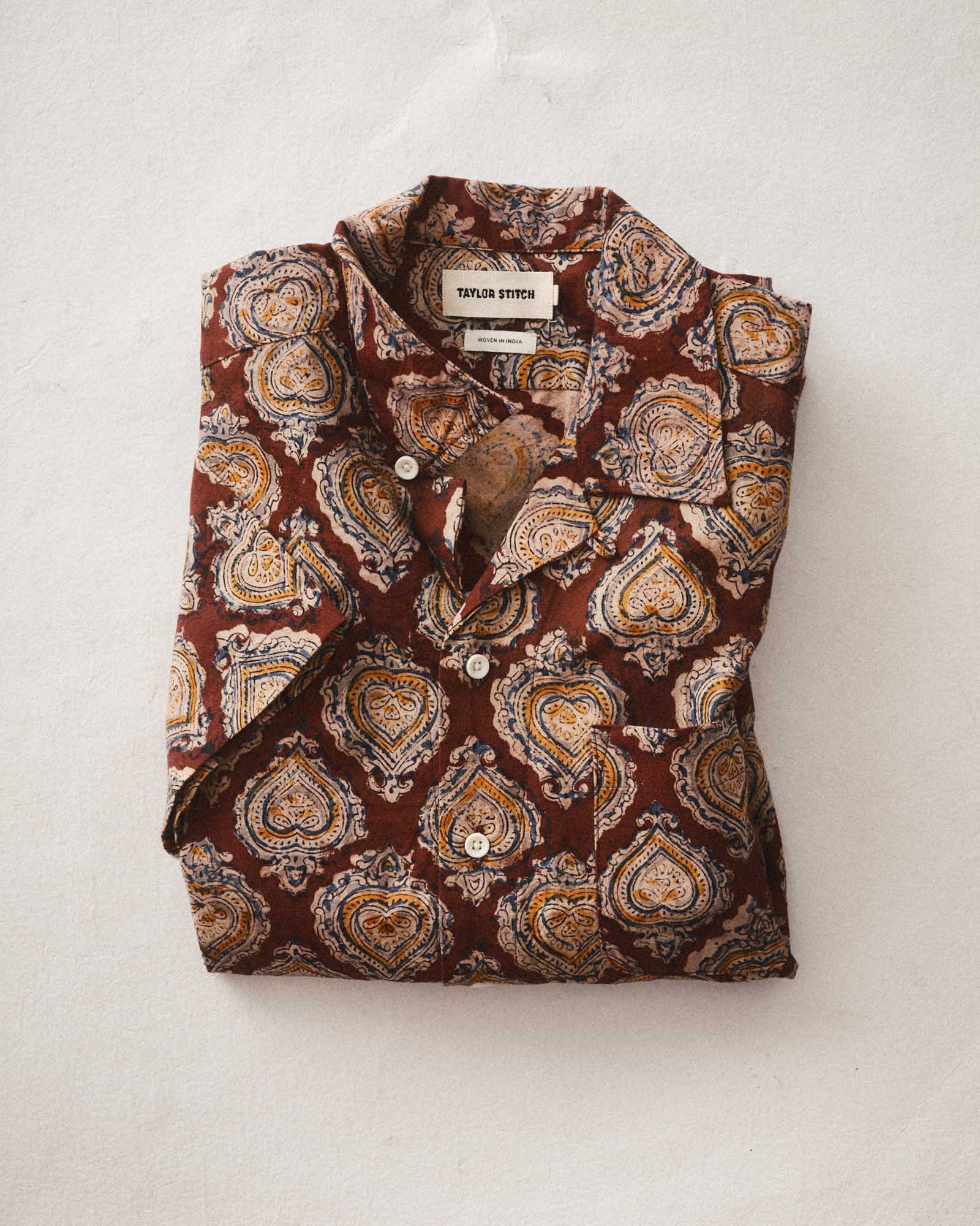 folded flatlay of The Hawthorne Shirt in Sangria Block Print, Wovens by Taylor Stitch