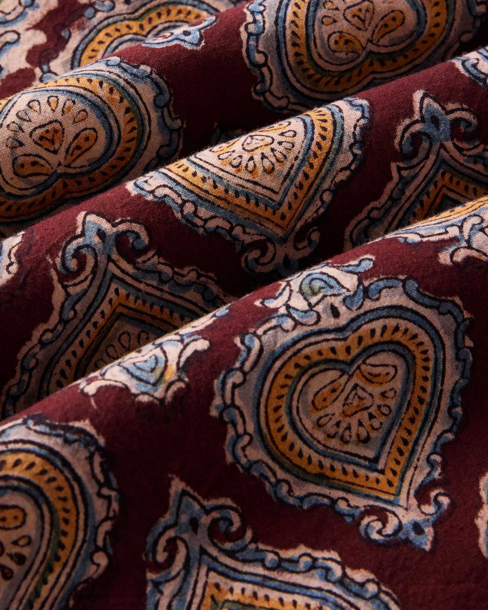 material shot of the fabric on The Hawthorne Shirt in Sangria Block Print, Wovens by Taylor Stitch