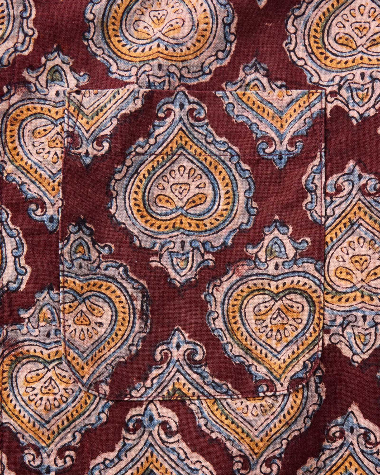 material shot of the pocket on The Hawthorne Shirt in Sangria Block Print, Wovens by Taylor Stitch