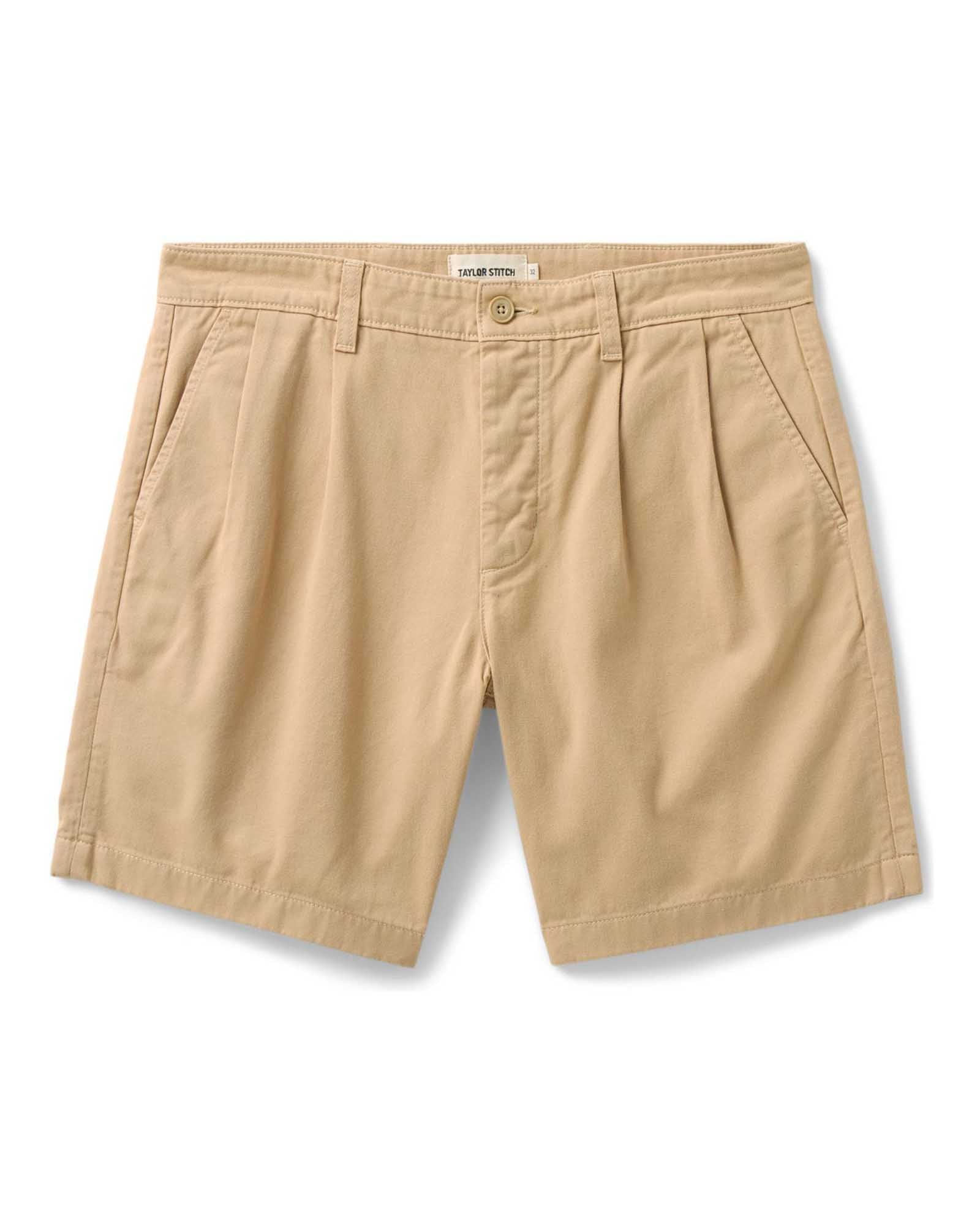 flatlay of The Pleated Short in Organic Field Khaki Twill, Bottoms by Taylor Stitch