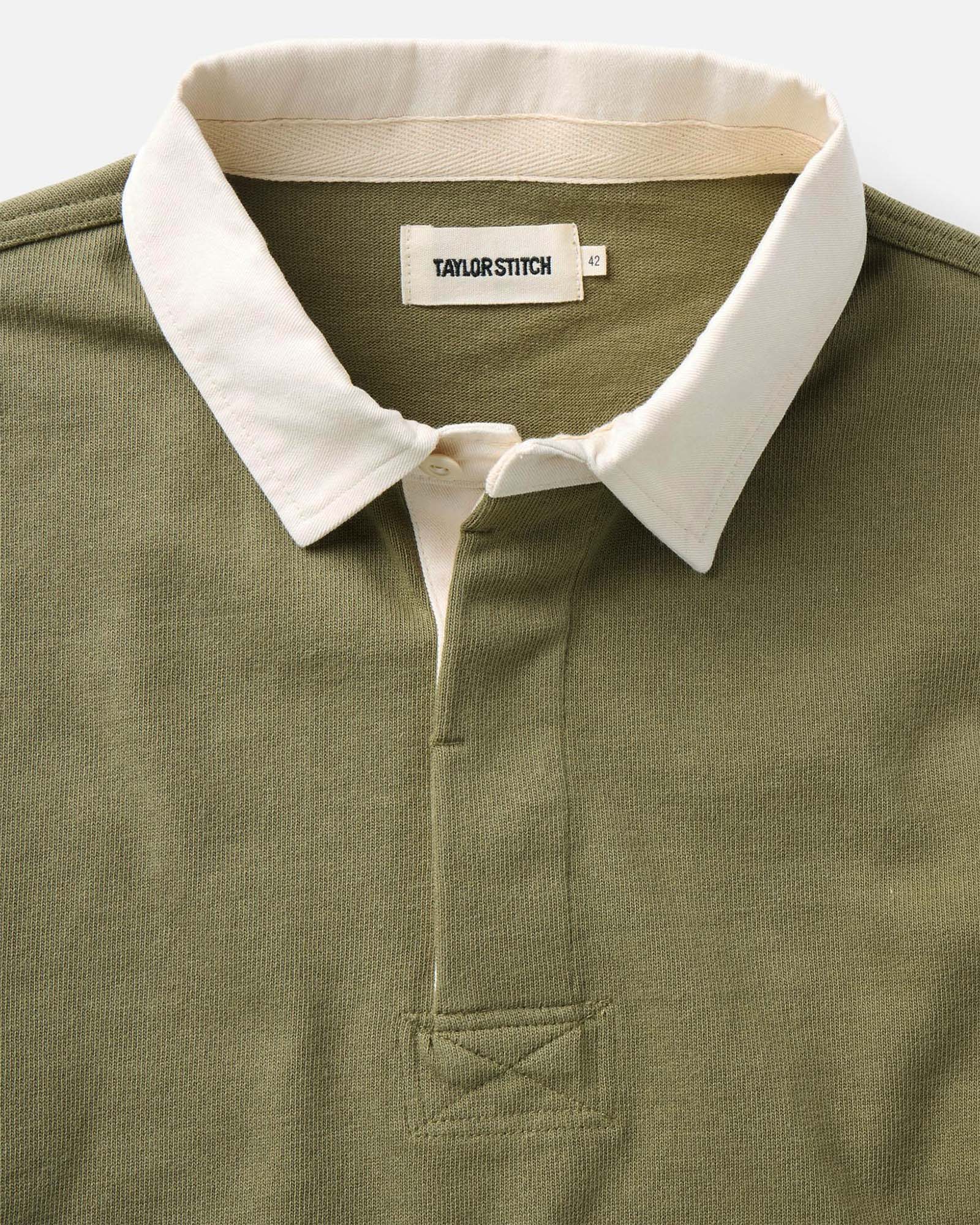 material shot of the collar on The Rugby Shirt in Burnt Olive, Knits by Taylor Stitch