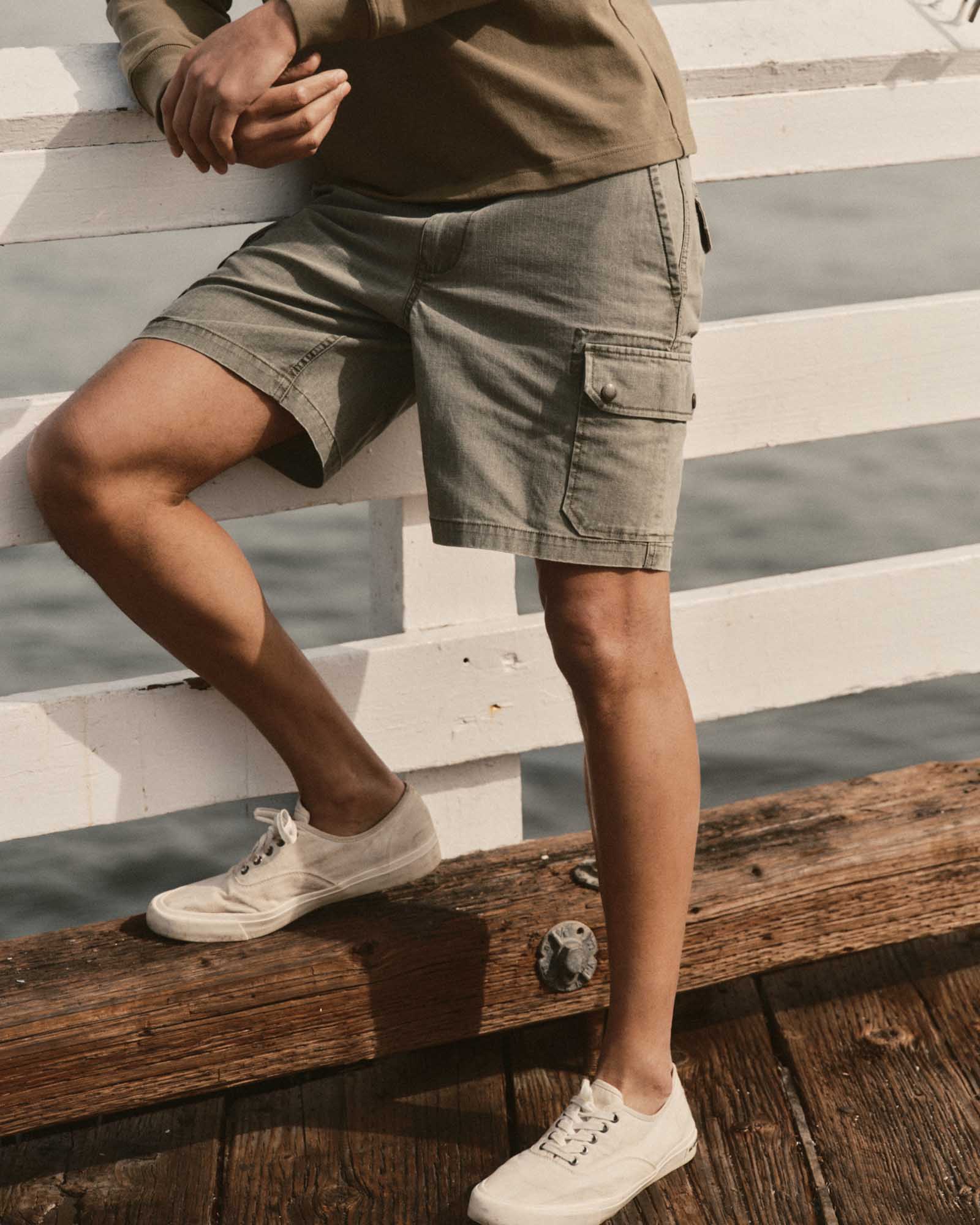 fit model showing off The Scout Short in Burnt Olive Ripstop, Bottoms by Taylor Stitch