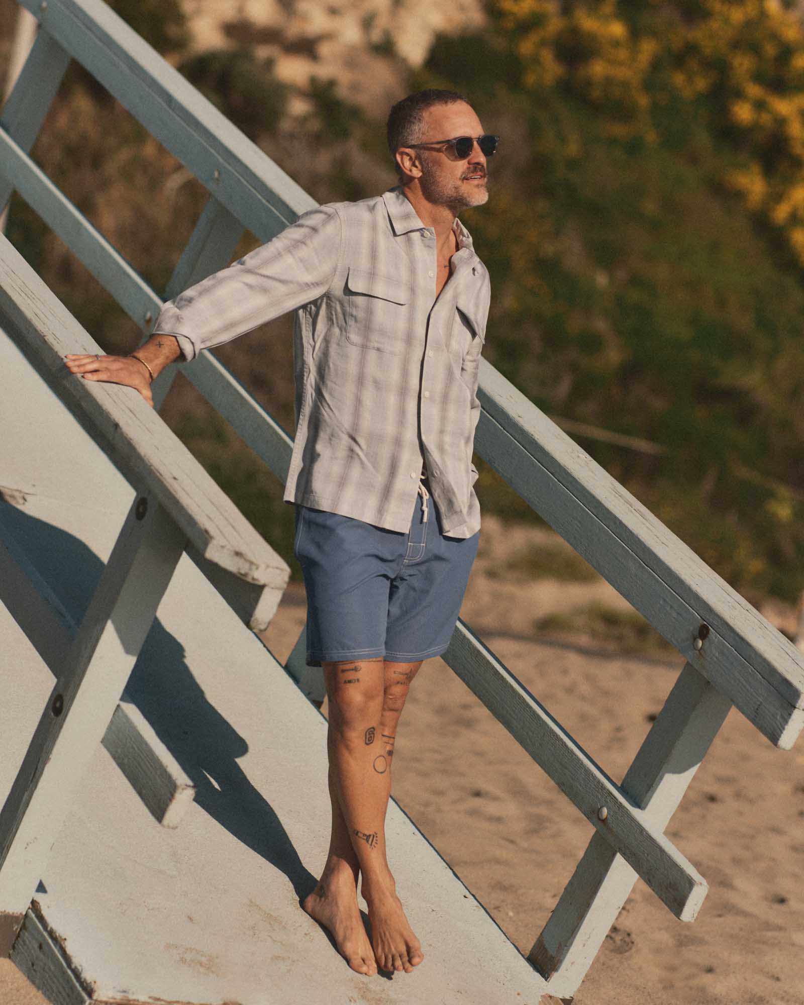 fit model showing off The Shore Shirt in Fog Check Tencel, Wovens by Taylor Stitch