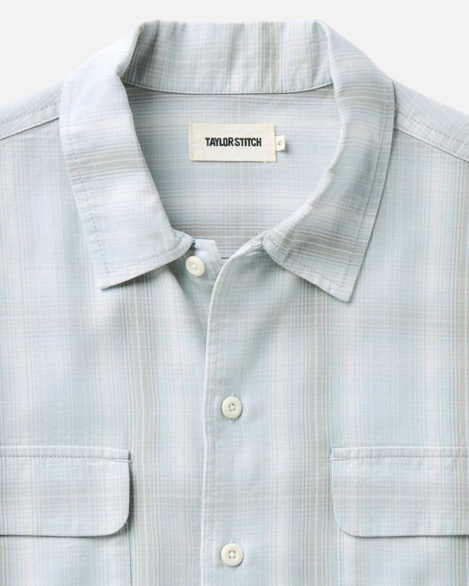 material shot of the collar on The Shore Shirt in Fog Check Tencel, Wovens by Taylor Stitch