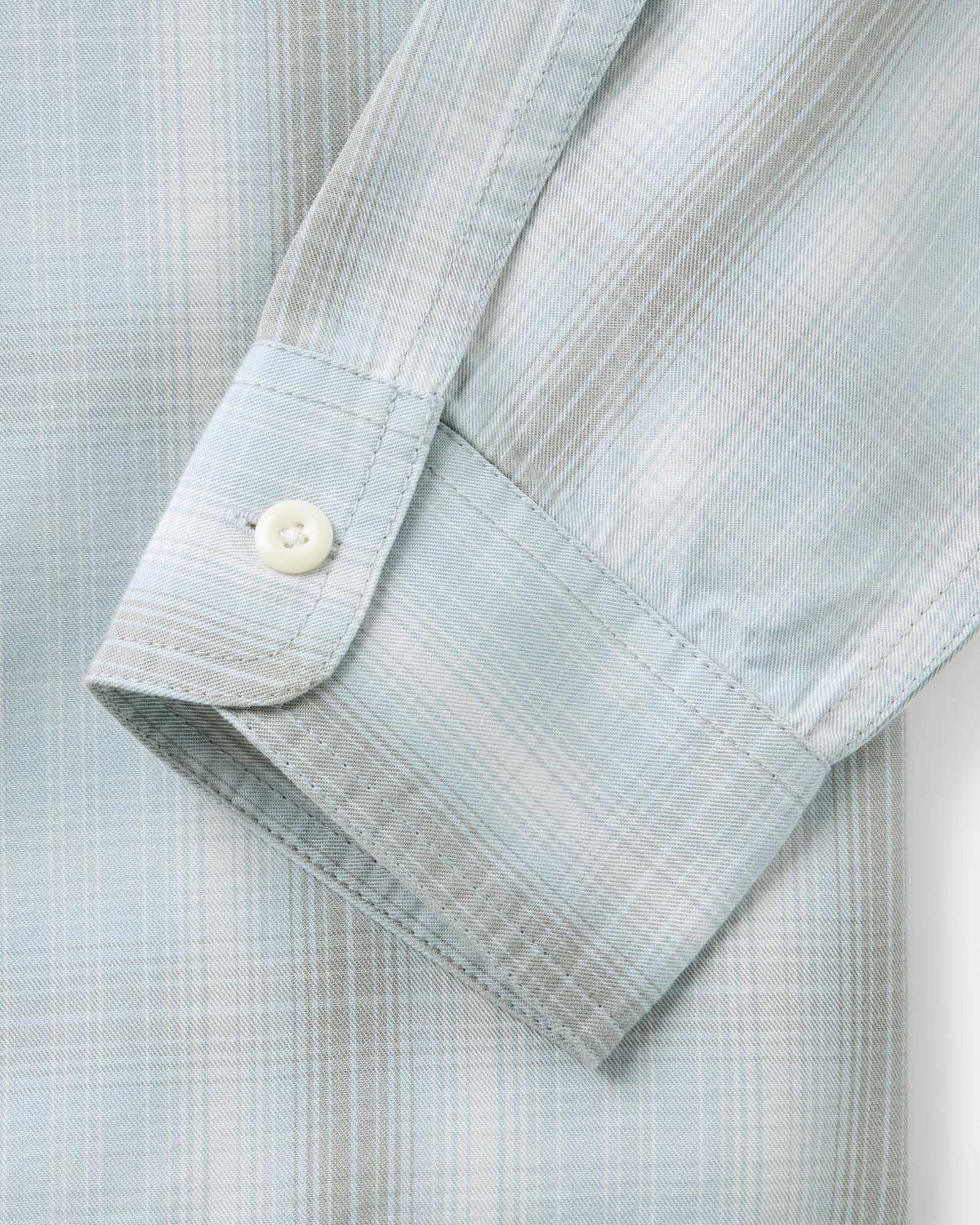 material shot of the sleeve on The Shore Shirt in Fog Check Tencel, Wovens by Taylor Stitch