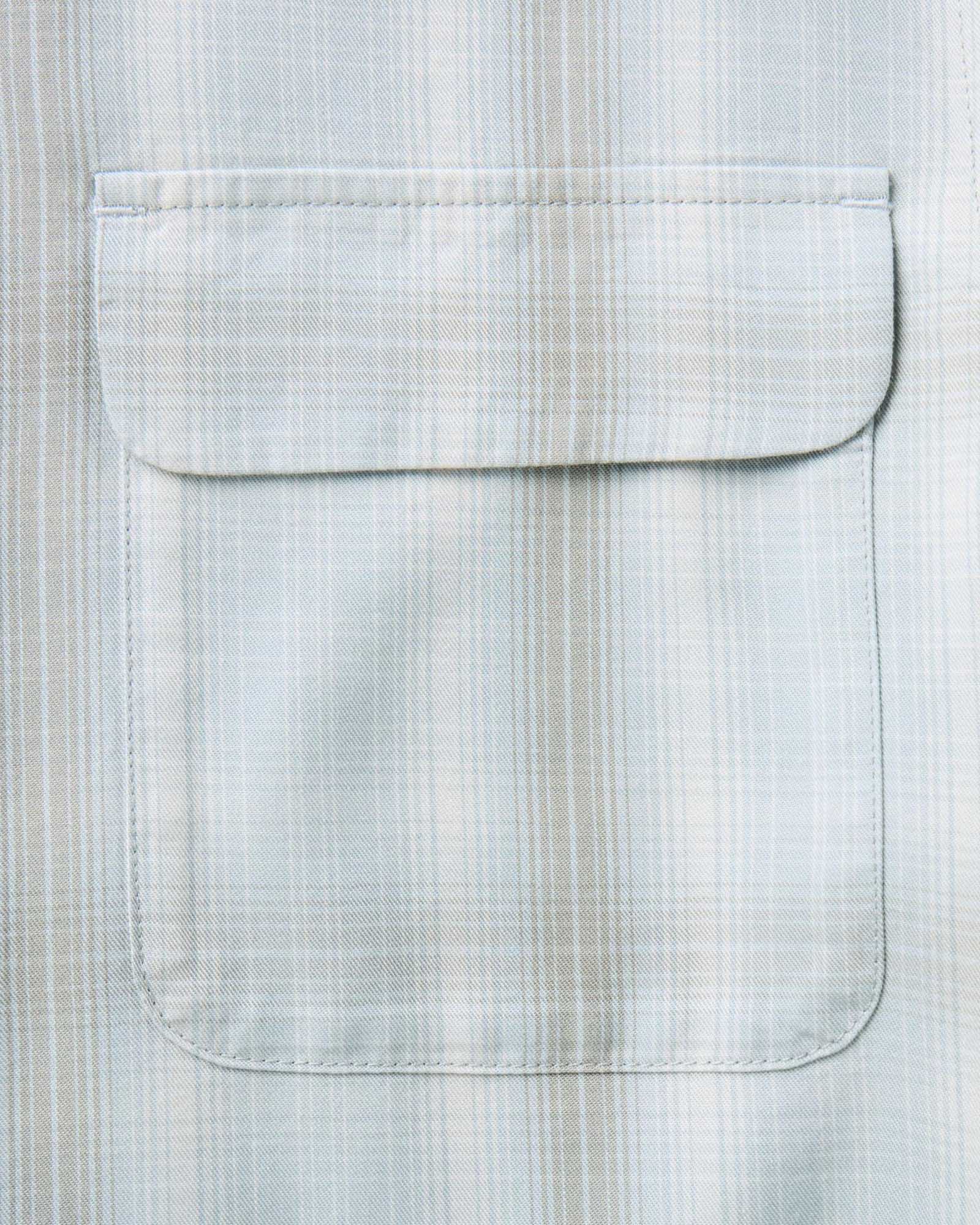 material shot of the pocket on The Shore Shirt in Fog Check Tencel, Wovens by Taylor Stitch
