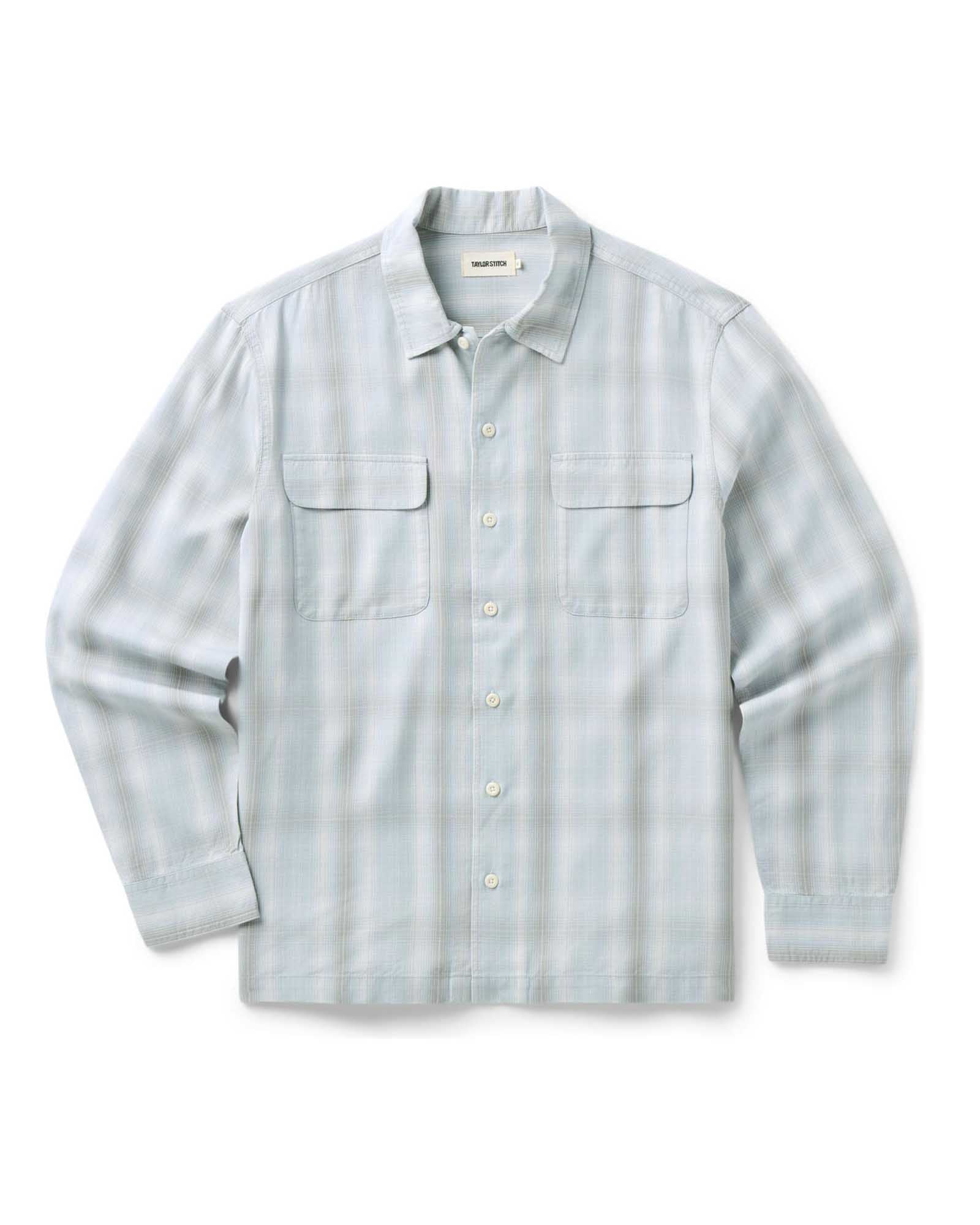 flatlay of The Shore Shirt in Fog Check Tencel, Wovens by Taylor Stitch