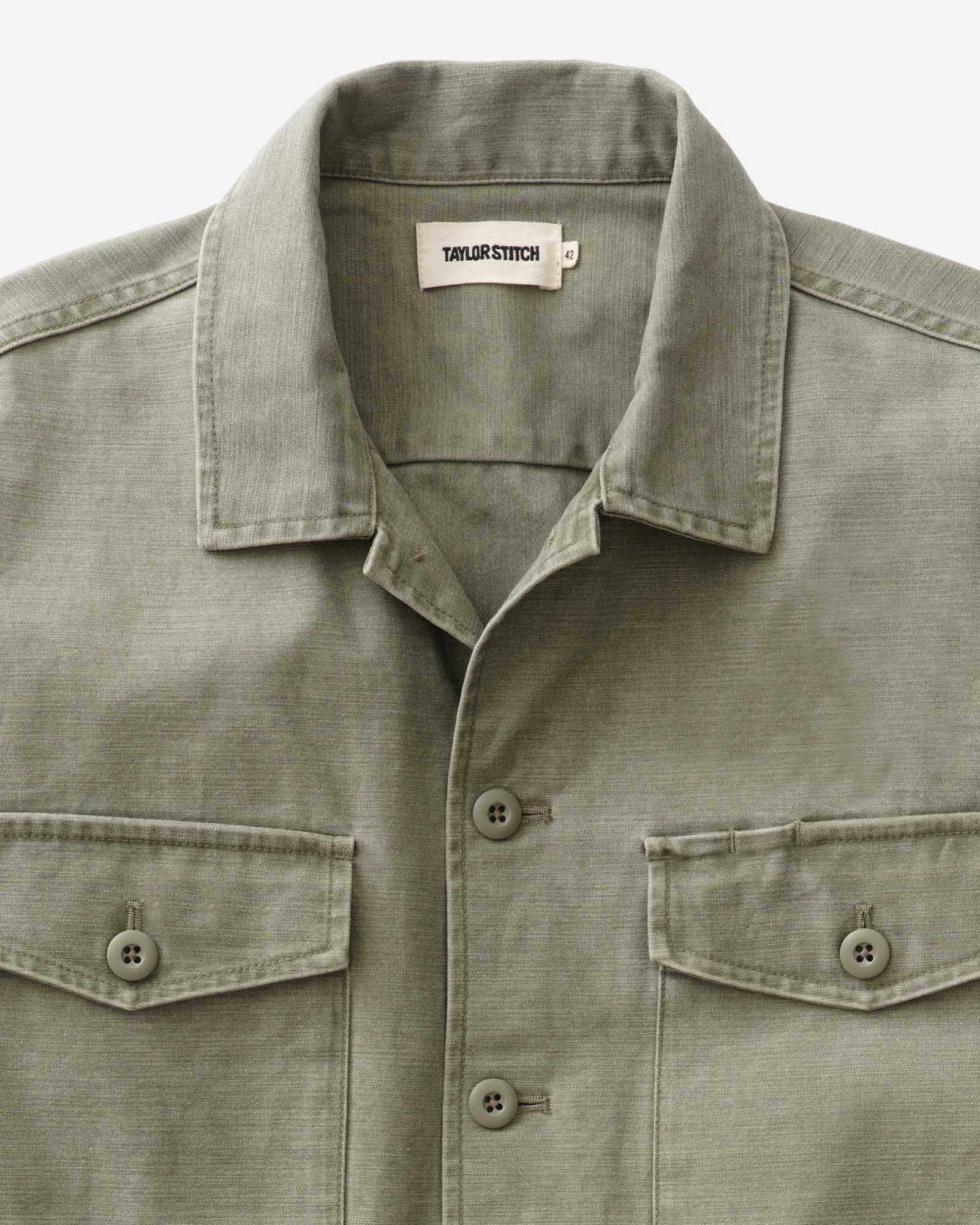material shot of the collar on The Surplus Shirt in Field Olive Reverse Sateen, Wovens by Taylor Stitch