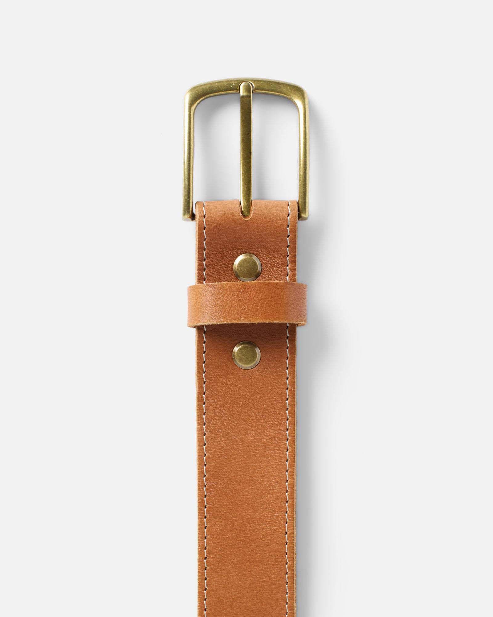 material shot of the buckle on The Tour Belt in Washed Saddle, Accessories by Taylor Stitch