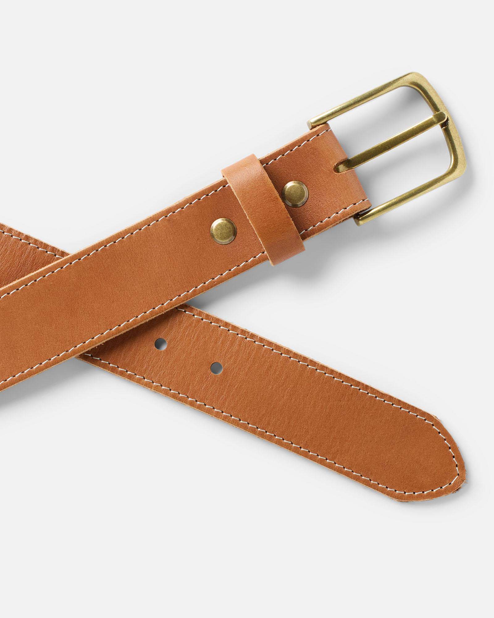 editorial image of two ends of The Tour Belt in Washed Saddle, Accessories by Taylor Stitch