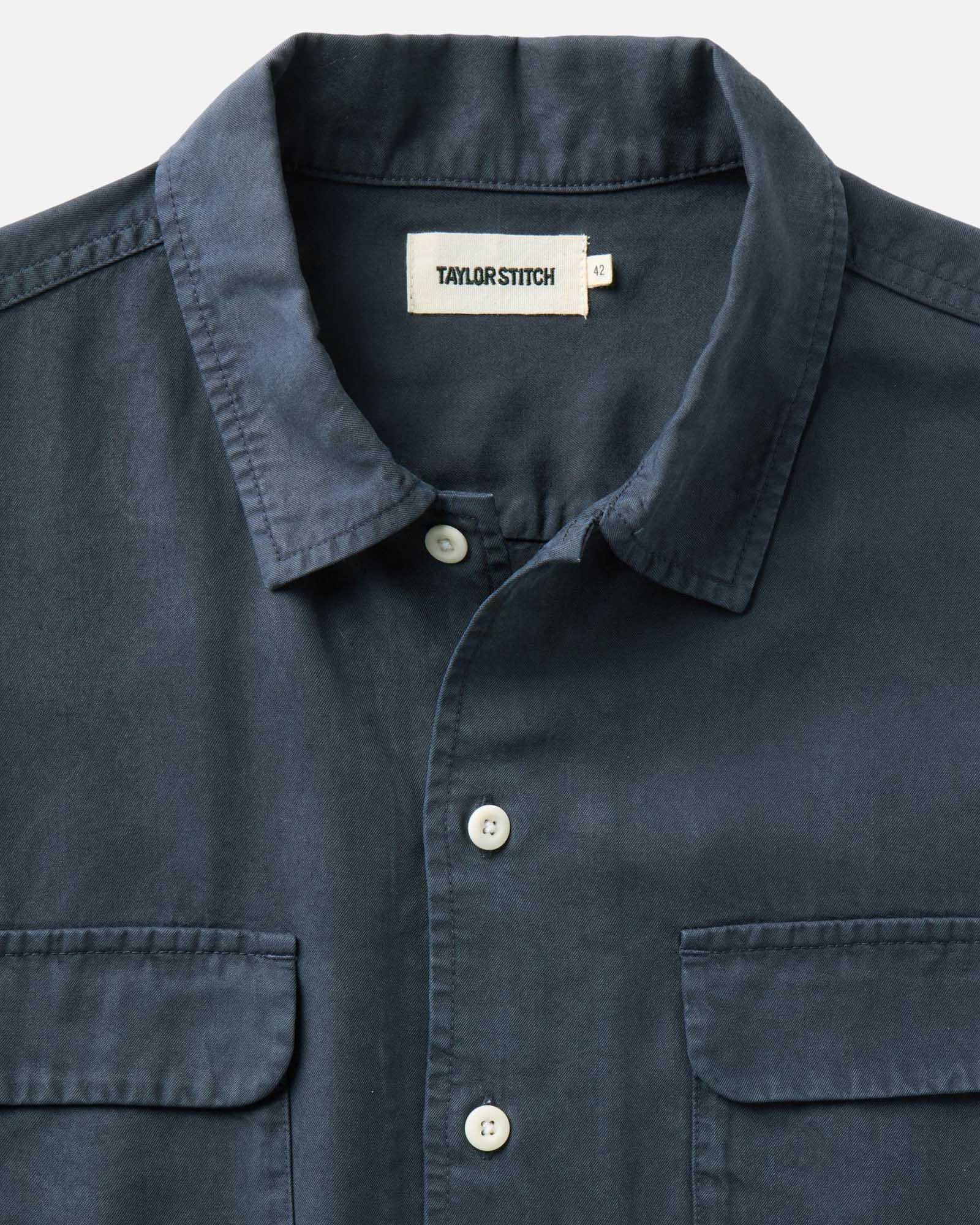 material shot of the collar on The Shore Shirt in Navy Tencel, Wovens by Taylor Stitch