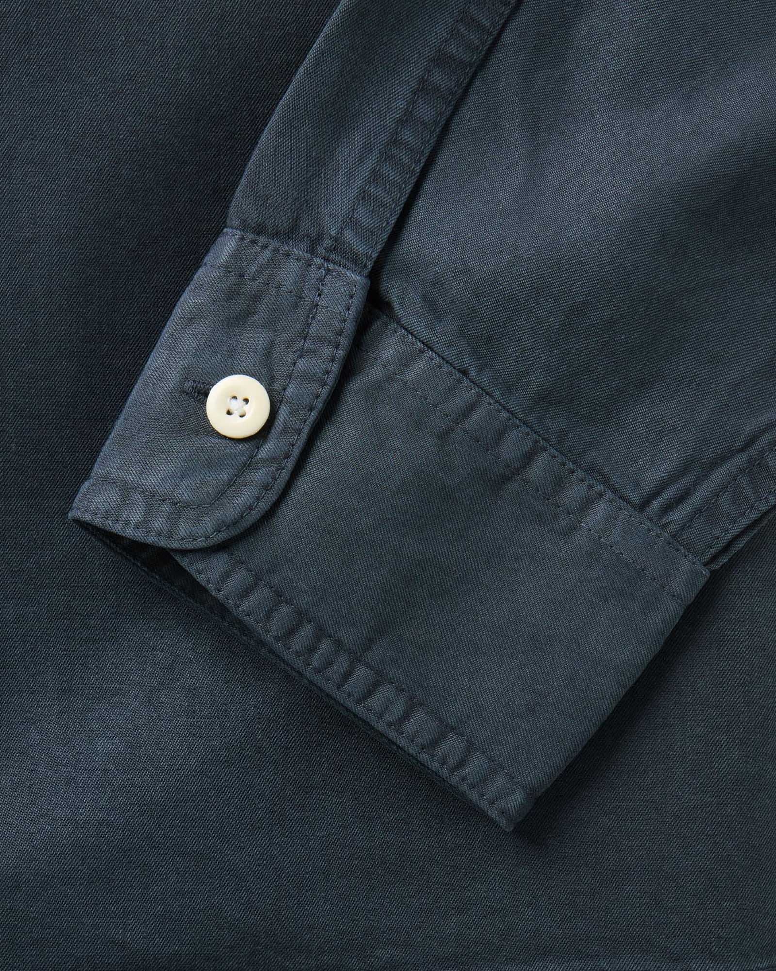 material shot of the sleeve on The Shore Shirt in Navy Tencel, Wovens by Taylor Stitch