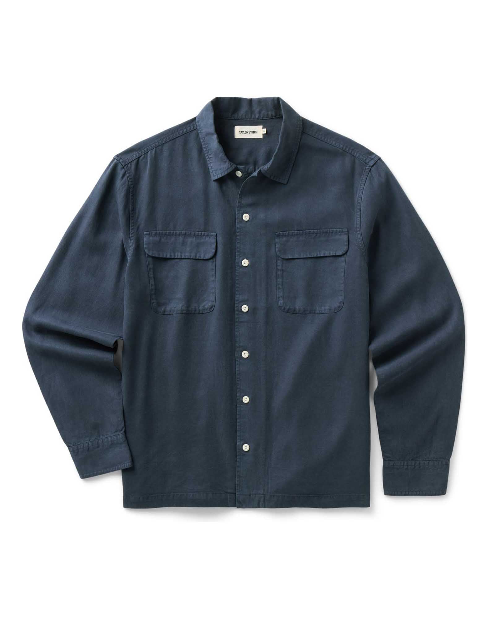flatlay of The Shore Shirt in Navy Tencel, Wovens by Taylor Stitch