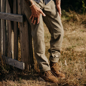 fit model showing the front of The Chore Pant in Stone Boss Duck, Bottoms by Taylor Stitch