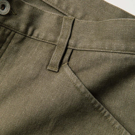 material shot of the belt loop on The Chore Pant in Stone Boss Duck