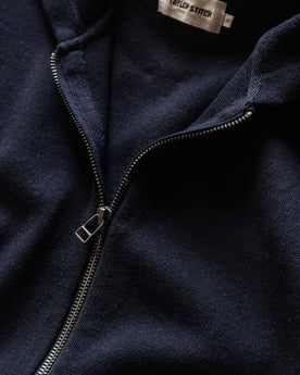 material shot of the antique zipper on The Portola Hoodie in Midnight Merino, Knits by Taylor Stitch