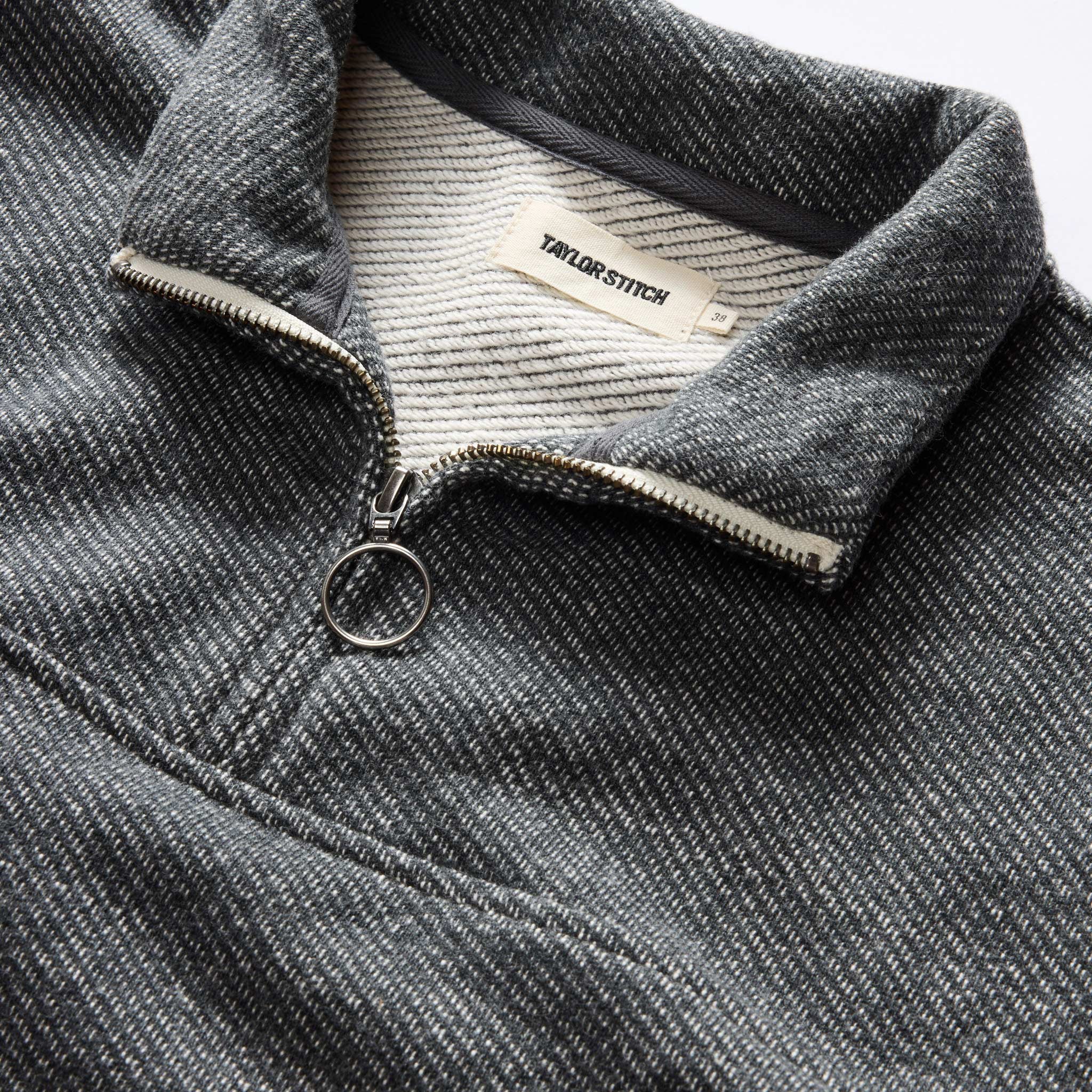 material shot of the collar on The Briggs Pullover in Coal French Terry Twill Knit, Knits by Taylor Stitch
