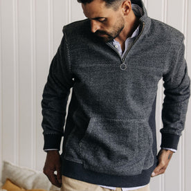 fit model posing in The Briggs Pullover in Coal French Terry Twill Knit