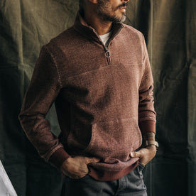 fit model posing in The Briggs Pullover in Merlot French Terry Twill Knit