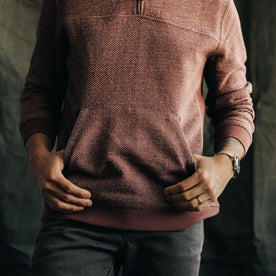 fit model with his hands in the pocket of The Briggs Pullover in Merlot French Terry Twill Knit
