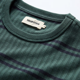 material shot of the neck opening on The Colton Crew in Dark Forest Stripe