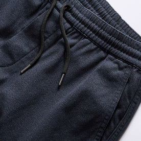 material shot of the waistband on The Apres Pant in Navy Twist Jaspe Twill