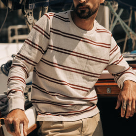 fit model in The Colton Crew in Oat Heathered Stripe