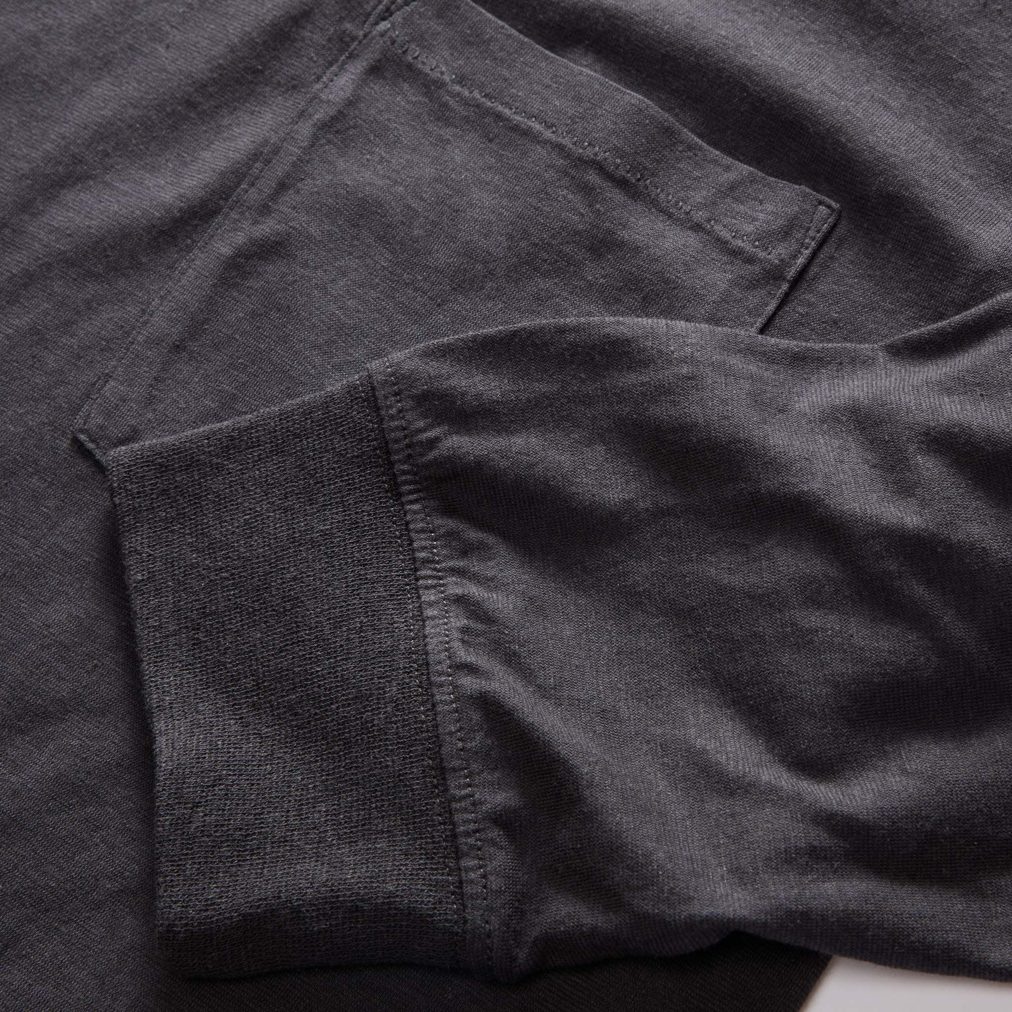 material shot of the sleeves on The Cotton Hemp Long Sleeve Tee in Charcoal, Knits by Taylor Stitch