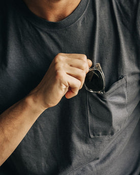 fit model showing off pocket detail on The Cotton Hemp Long Sleeve Tee in Charcoal, Knits by Taylor Stitch